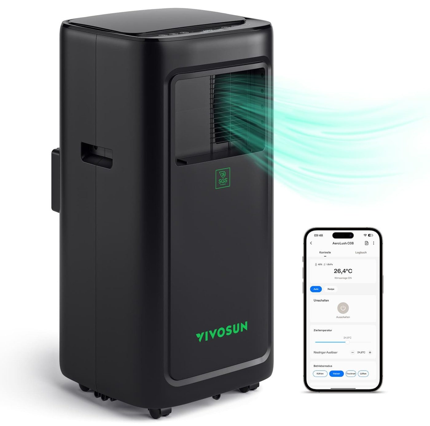 VIVOSUN 4-in-1-Klimagerät VIVOSUN AeroLush C08 Intelligentes Klimagerät, mit Temperatur- und Feuchtigkeitssensor