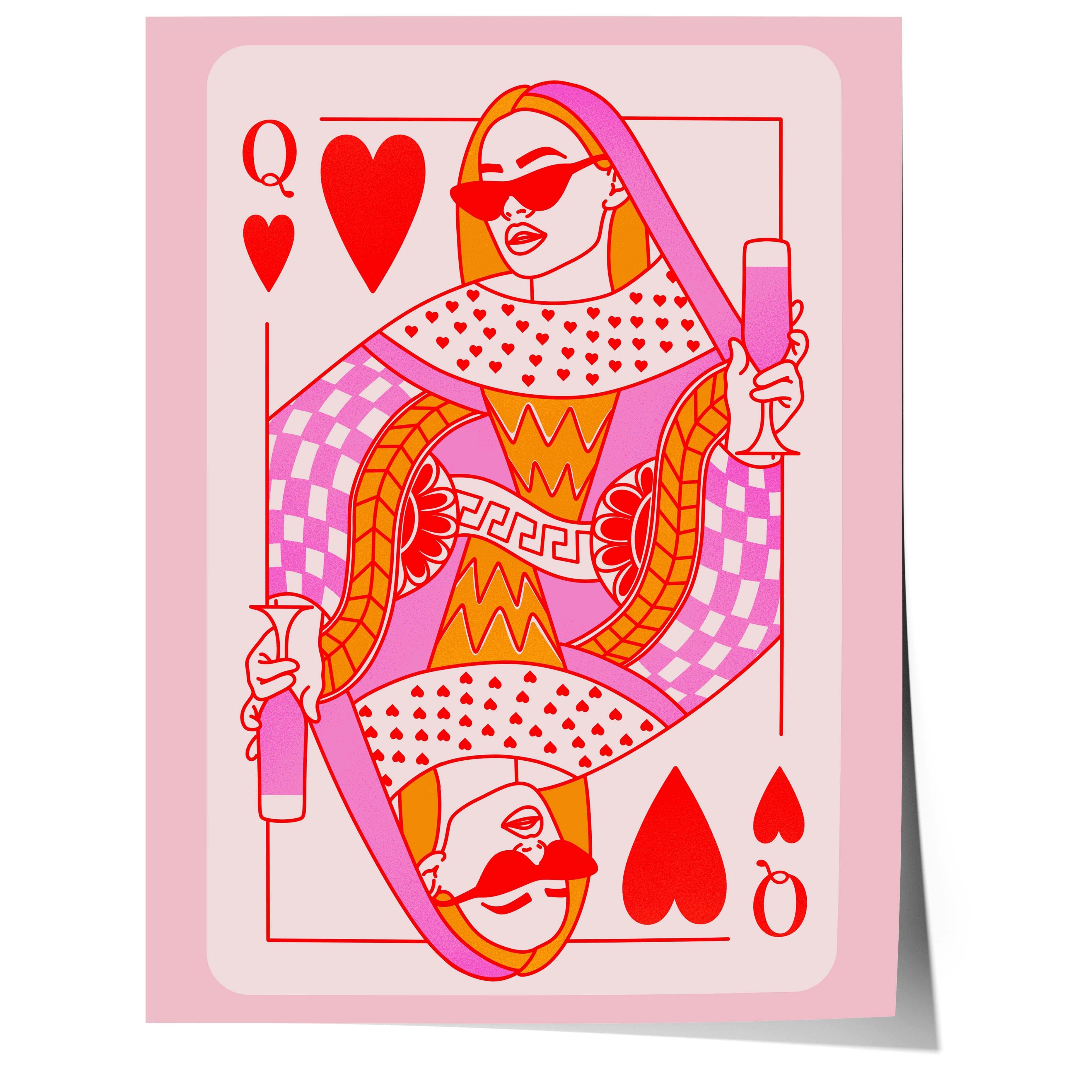 JUSTGOODMOOD Poster Queen of Hearts Modern Playing Card llustration Pop Art Style Wall Art, (1 St)
