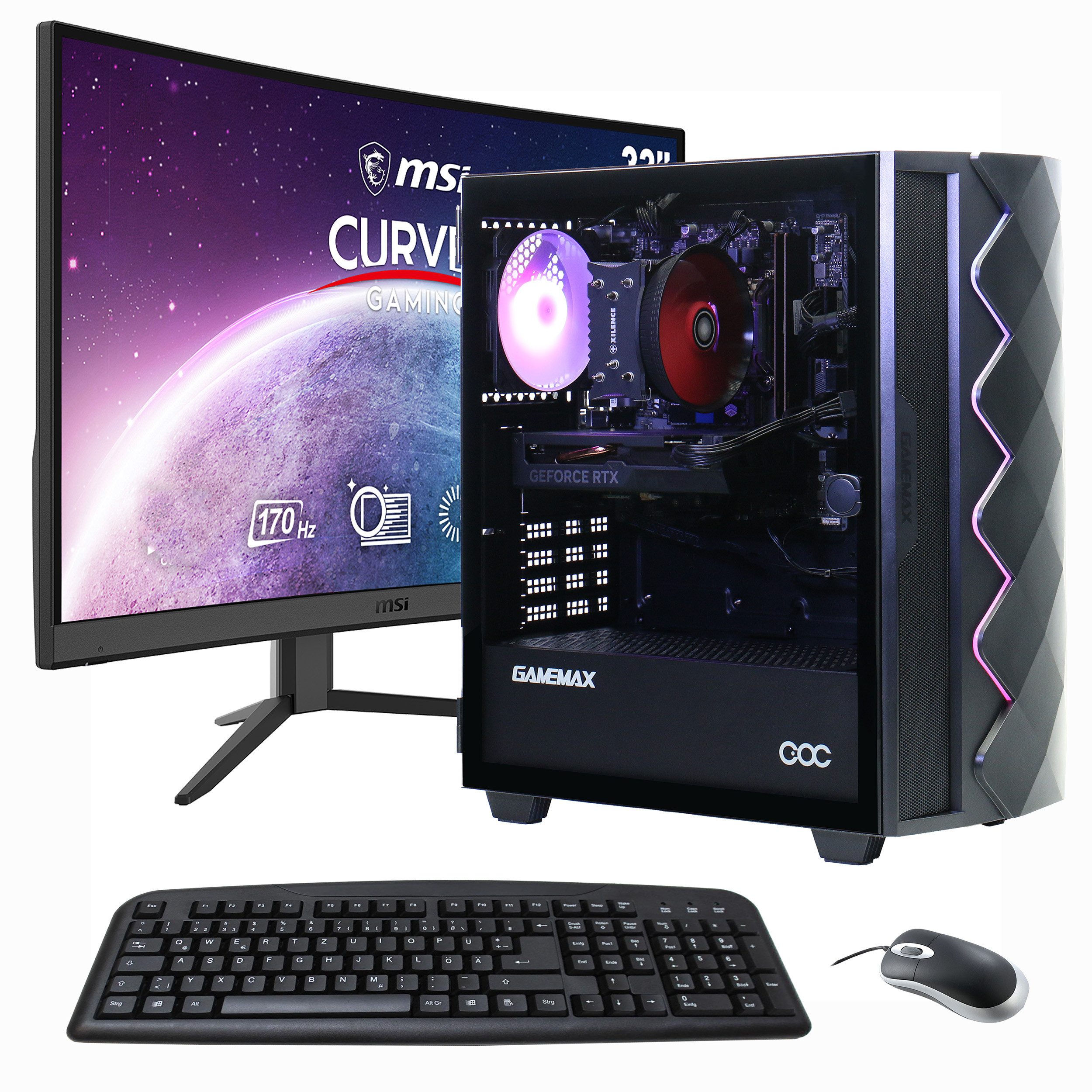 GAMEMAX MegaDeal Gaming-PC-Set Diamond BK PC-Komplettsystem (32", AMD Ryzen 5 5500, GeForce RTX™ 4060, 32 GB RAM, Windows 11 + MSI G32C4 E2 Monitor Curved 80cm (32) + Maus & Tastatur)