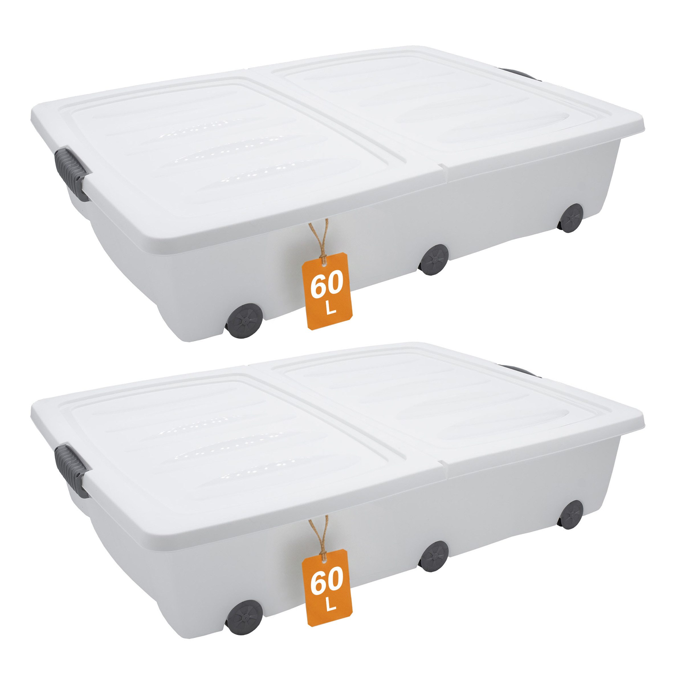 Spetebo Unterbettkommode weiß mit Rollen mit zweigeteiltem Deckel (Set, 2 St., Anazhl)