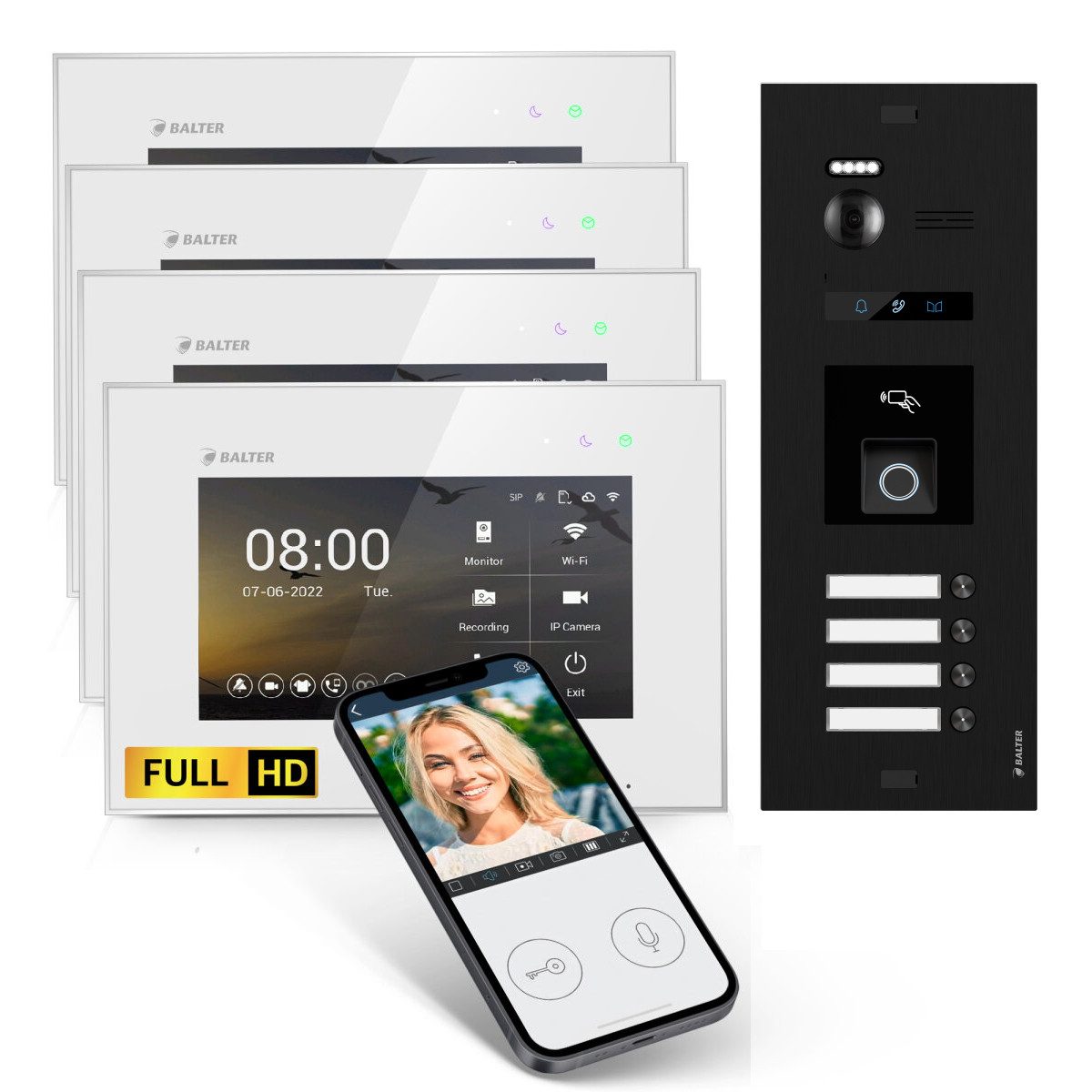 Balter Video-Türsprechanlage BALTER HD WLAN Türsprechanlage FP/RFID EVO 4-Familienhaus Schwarz Weiß (Set, 4-Familienhaus, Komplettset, Full HD 175° Kamera, Fingerprint, RFID)