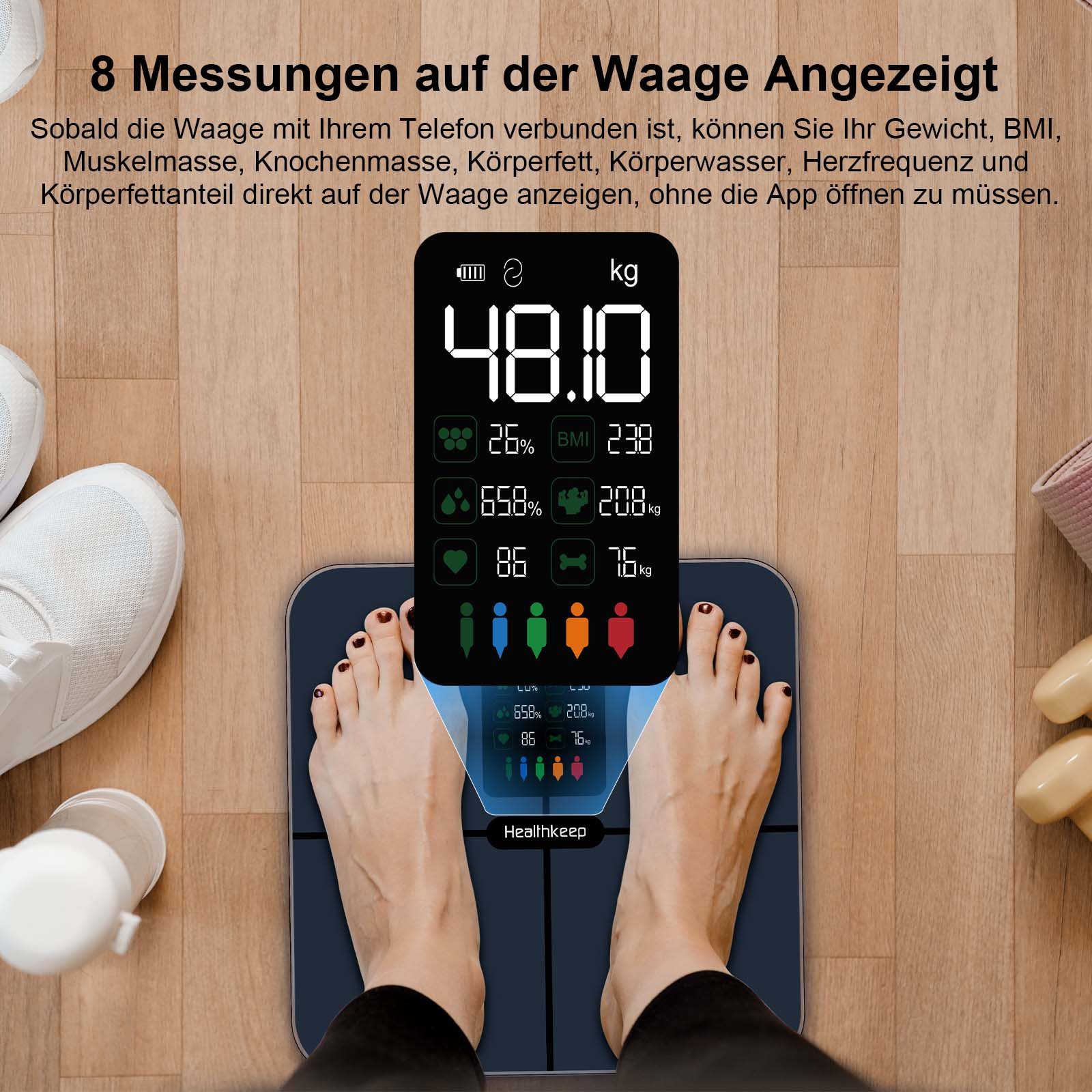 Healthkeep Körper-Analyse-Waage Intelligente Körperanalysewaage 15 Körperdaten mit großem VA-Display, Digitale Waage Impedanzmessung Bluetooth, App für Android und iOS Max. 180kg/400lb/28st