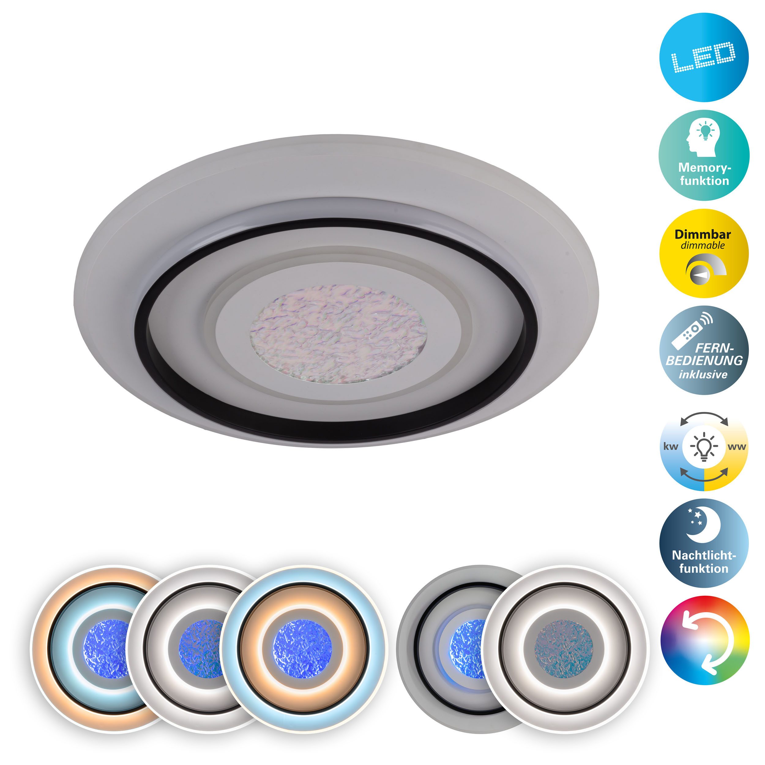 näve LED Deckenleuchte Stelios, CCT - über Fernbedienung, Dimmfunktion, Memoryfunktion, Nachtlichtfunktion, mehrere Helligkeitsstufen, LED fest integriert, RGB, warmweiß - kaltweiß, dimmbar per IR-Fernbedienung, CCT, RGB, Memory, Nachtlicht, D: 45cm