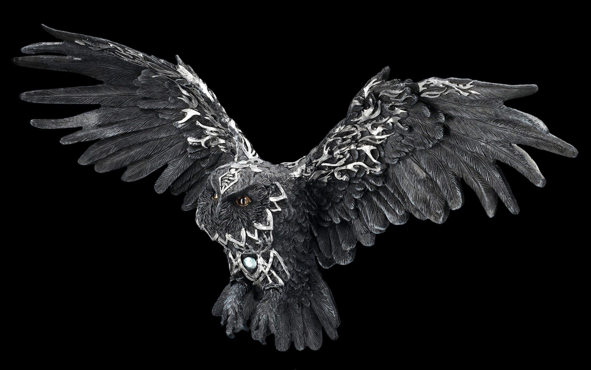 Figuren Shop GmbH Wanddekoobjekt Wandrelief - Schwarze keltische Eule - Tierfigur Fantasy Wandbehang