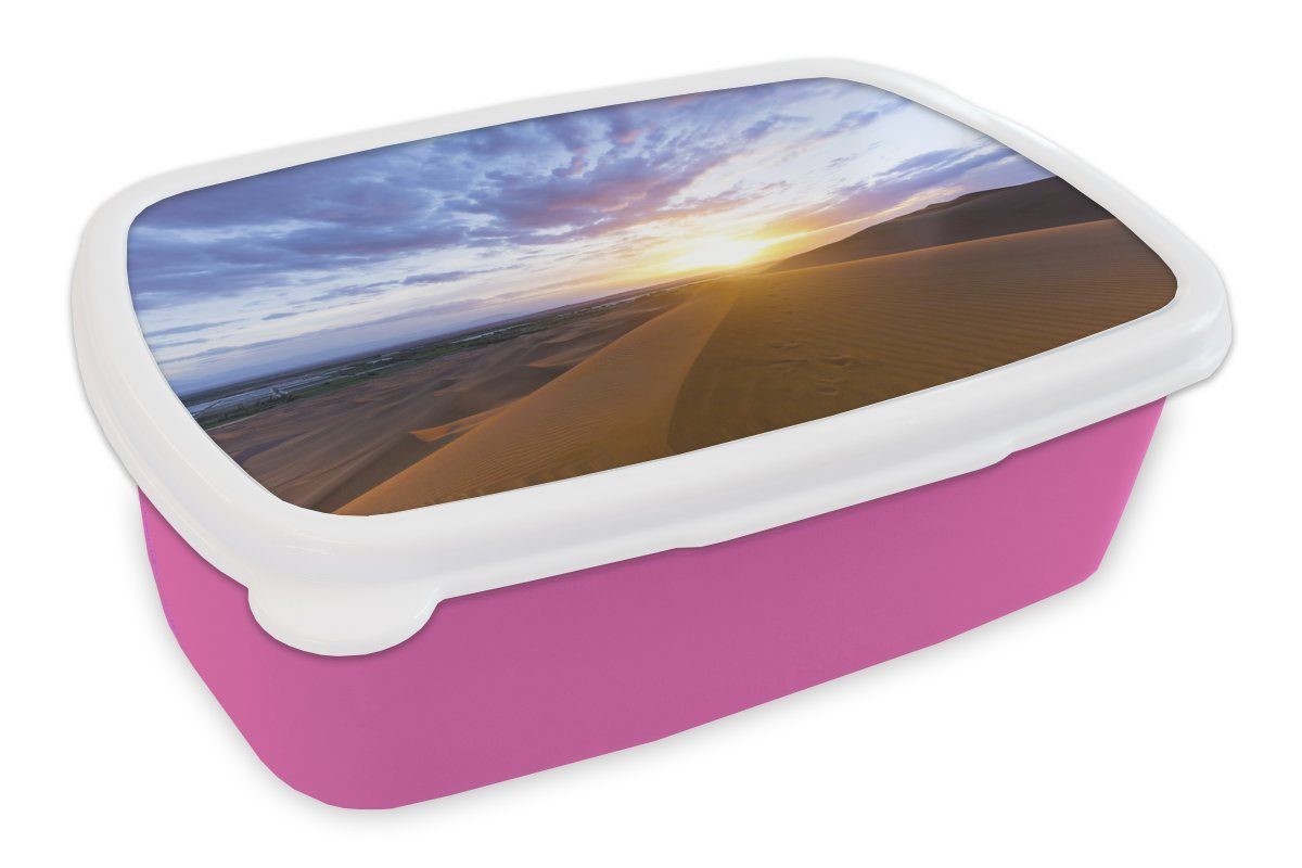 Wüste für Sonnenaufgang, bei Erwachsene, Brotbox Kunststoff Kinder, Lunchbox Mädchen, MuchoWow (2-tlg), Brotdose Snackbox, Kunststoff, rosa