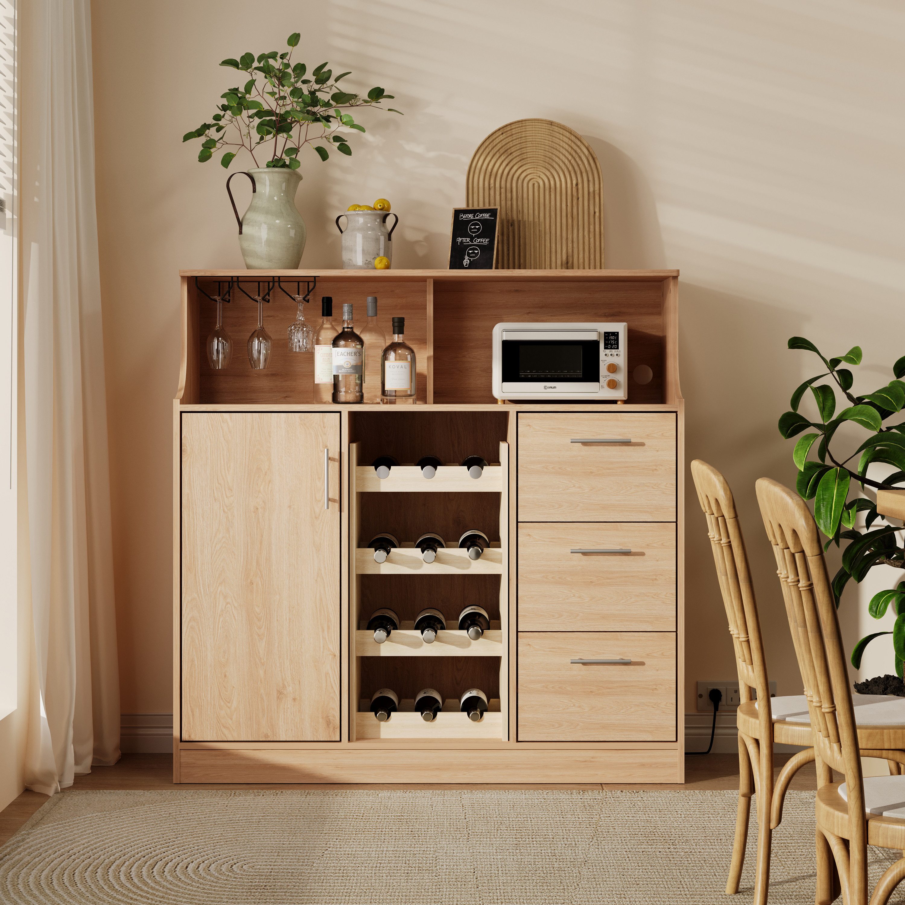 REDOM Sideboard LED-Bar-Sideboard mit integrierten Steckdosen & Gläserhaltern (120x121x40 cm, 1 St., Weinregal & mehrere Staufächer für Geschirr & Zubehör), Ideal als Theke & Aufbewahrung in Küche, Bar & Bistro