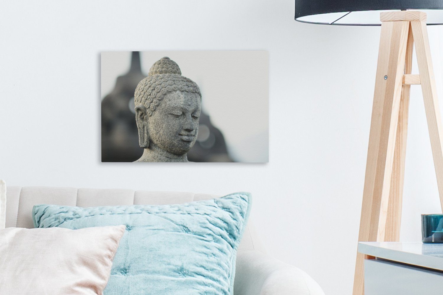 (1 cm Leinwandbild Stein, OneMillionCanvasses® 30x20 Skulptur Wanddeko, Leinwandbilder, St), Aufhängefertig, Buddha Wandbild Kopf