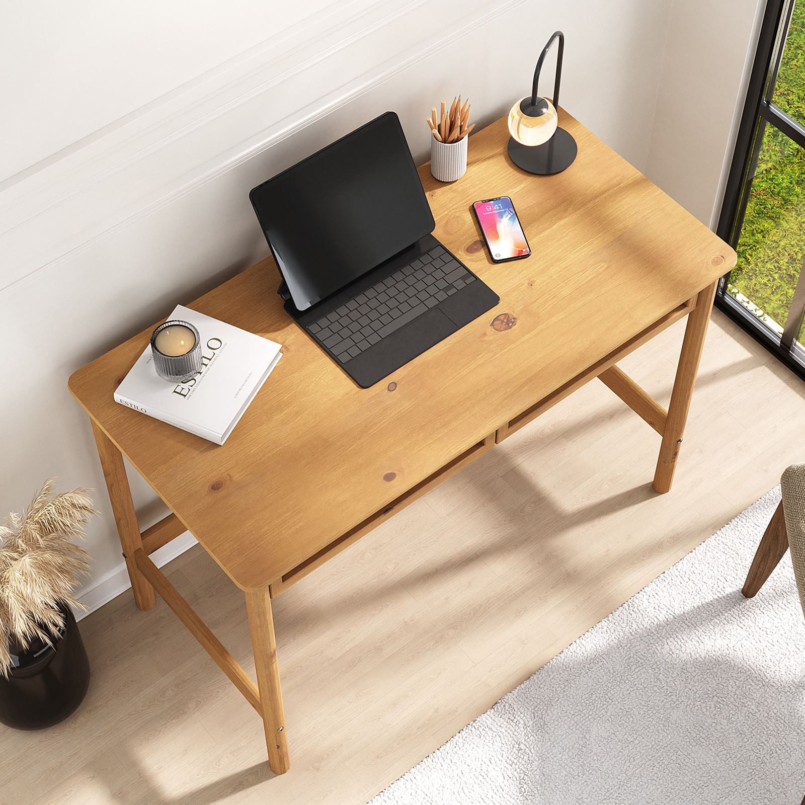 IDIMEX Schreibtisch RODRIGO, Tisch 110 cm breit aus Massivholz 2 Schubladen in Rattan Optik Kastani