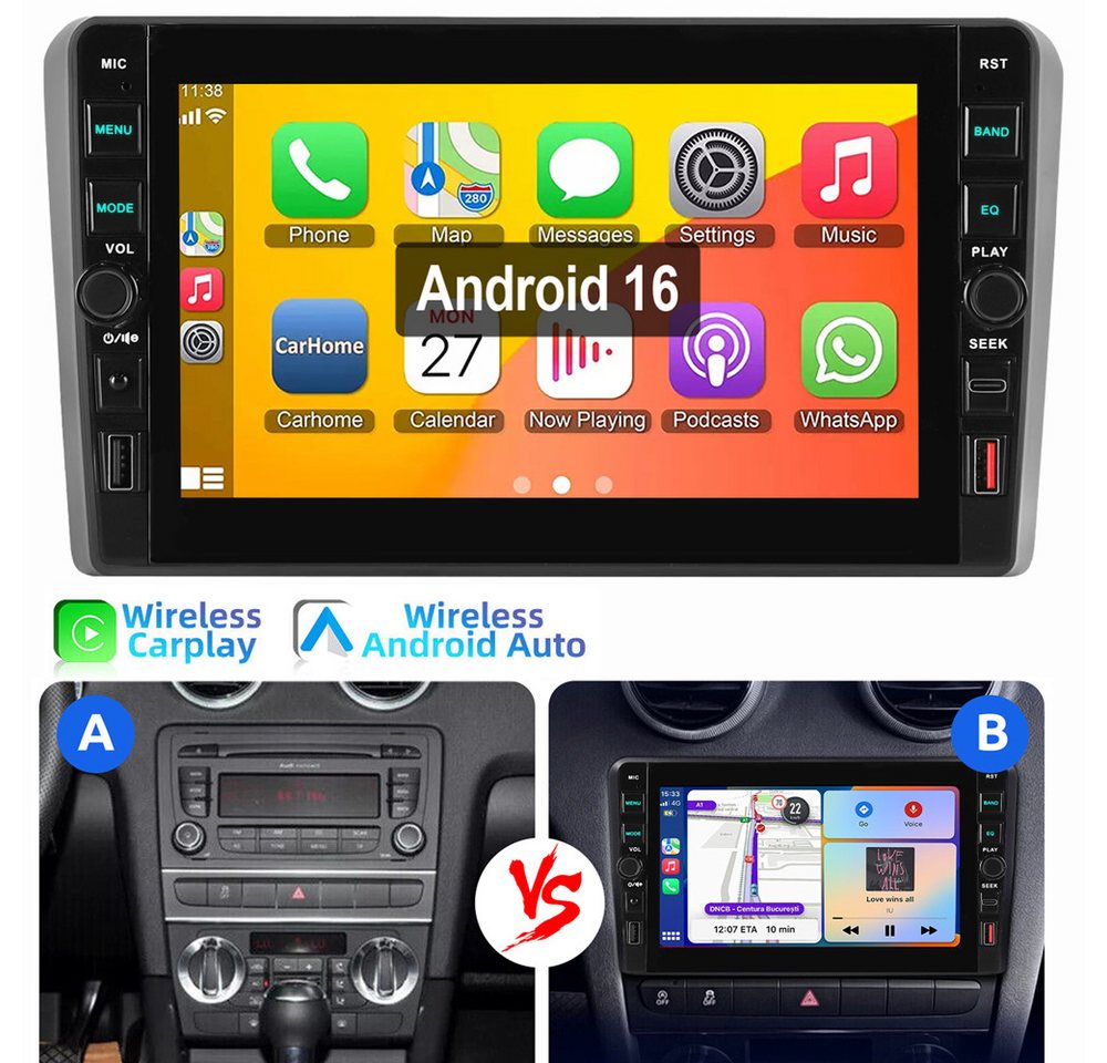ESSGOO Für Audi A3 S3 RS3 8P 8V 8" Carplay Android 16 Autoradio 4+64G Autoradio (GPS NAVI RDS SWC USB WIFI)