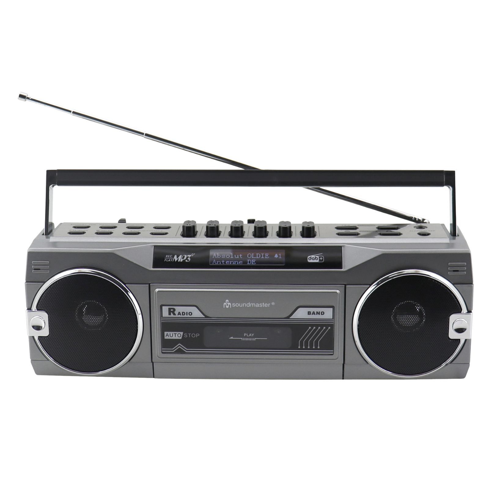 Soundmaster SRR80TI Retro Radiokassettenrekorder DAB+ Bluetooth USB/SD Aufnahme Boombox (DAB+, UKW, 3 W, Aufnahmefunktion auf Kassette, Abspielen USB MP3, Klangregler)