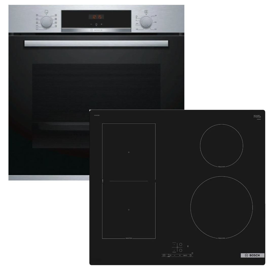 BOSCH Backofen-Set EcoClean Teleskopauszug + Induktionskochfeld CombiZone autark 60 cm