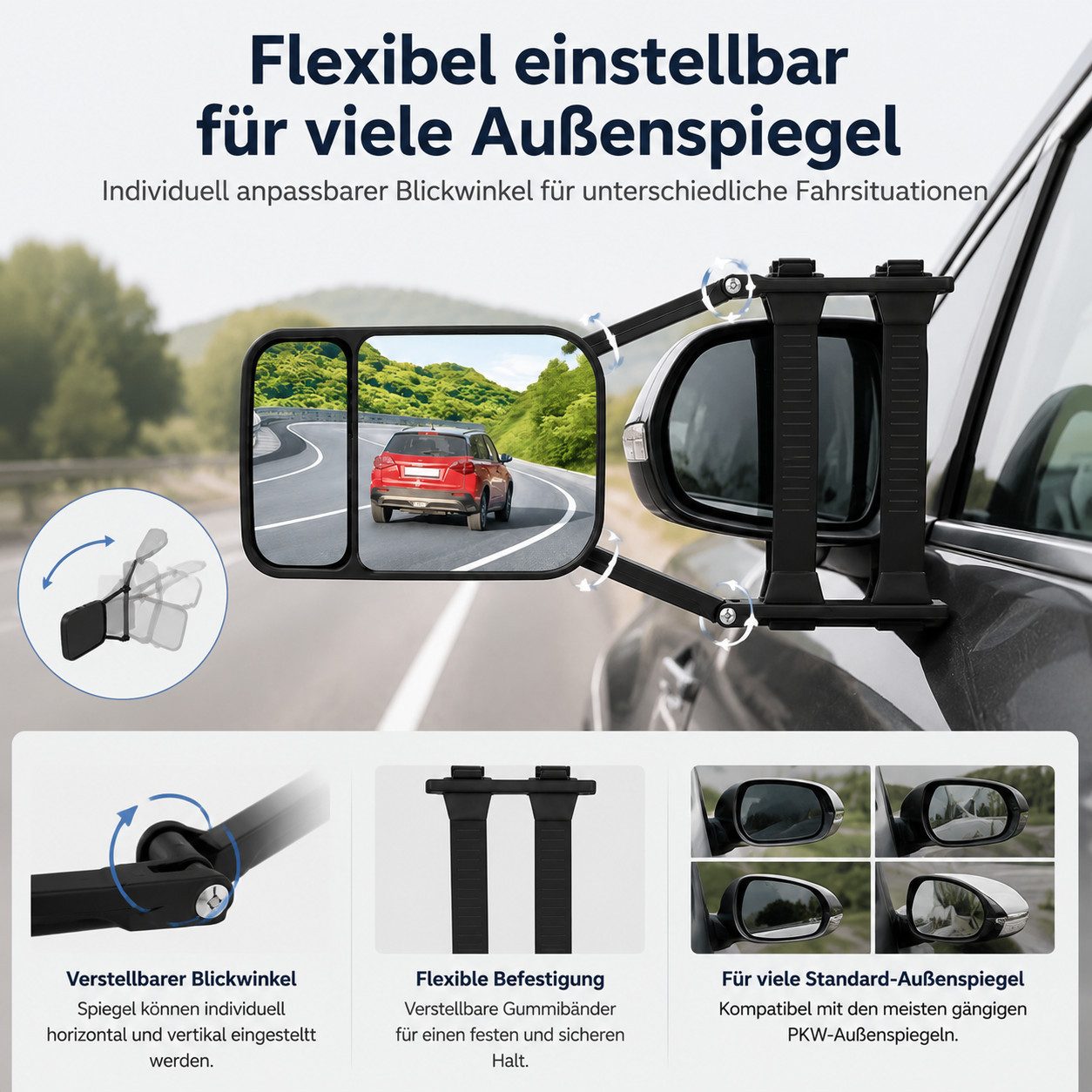 XEOOCE Autospiegel Universal Wohnwagenspiegel 2er-Set Verstellbar Schwarz
