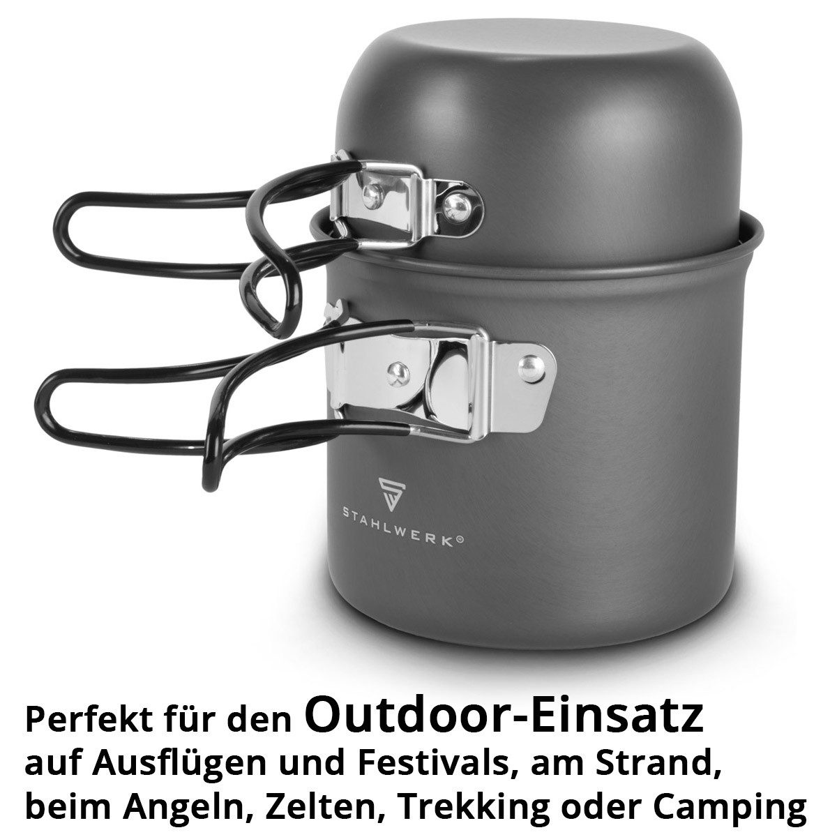 STAHLWERK Gaskocher Camping Kochgeschirr Alu Campinggeschirr Gaskocher Outdoor Set, (Set, Set), mit Topf, Pfanne, Gaskocher, Plastikschalen und Besteck