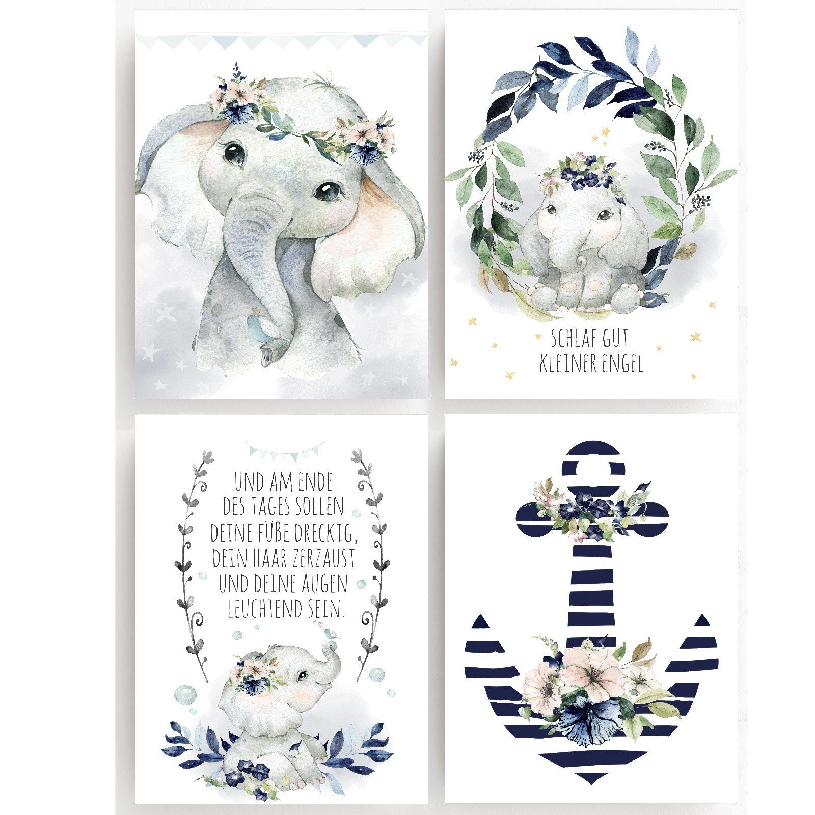 homestyle-accessoires Плакат Изображенияset Kinderbilder SCHLAF GUT KLEINER ENGEL ELEFANT4er SET, - Ohne Изображенияrahmen - sorgfältige & sichere Verpackung