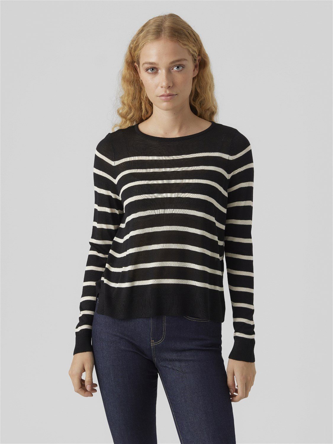 Vero Moda Strickpullover Weicher Feinstrick Pullover Rundhals Sweater Streifen VMNOVA 6927 in Schwarz-2
