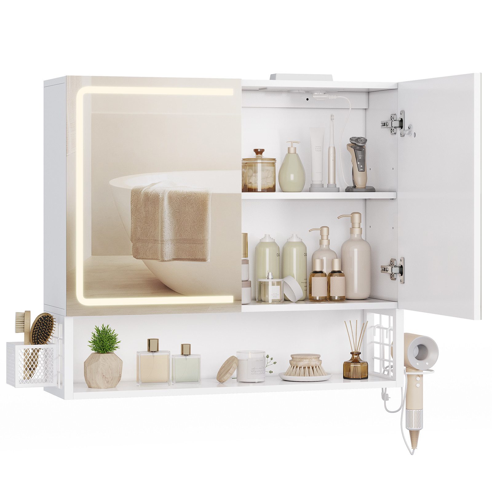 MSMASK Badezimmerspiegelschrank mit LED-Beleuchtung & Steckdose, Wandmontiert mit Stauraum (1-St) Spiegelschrank 70x16x60cm