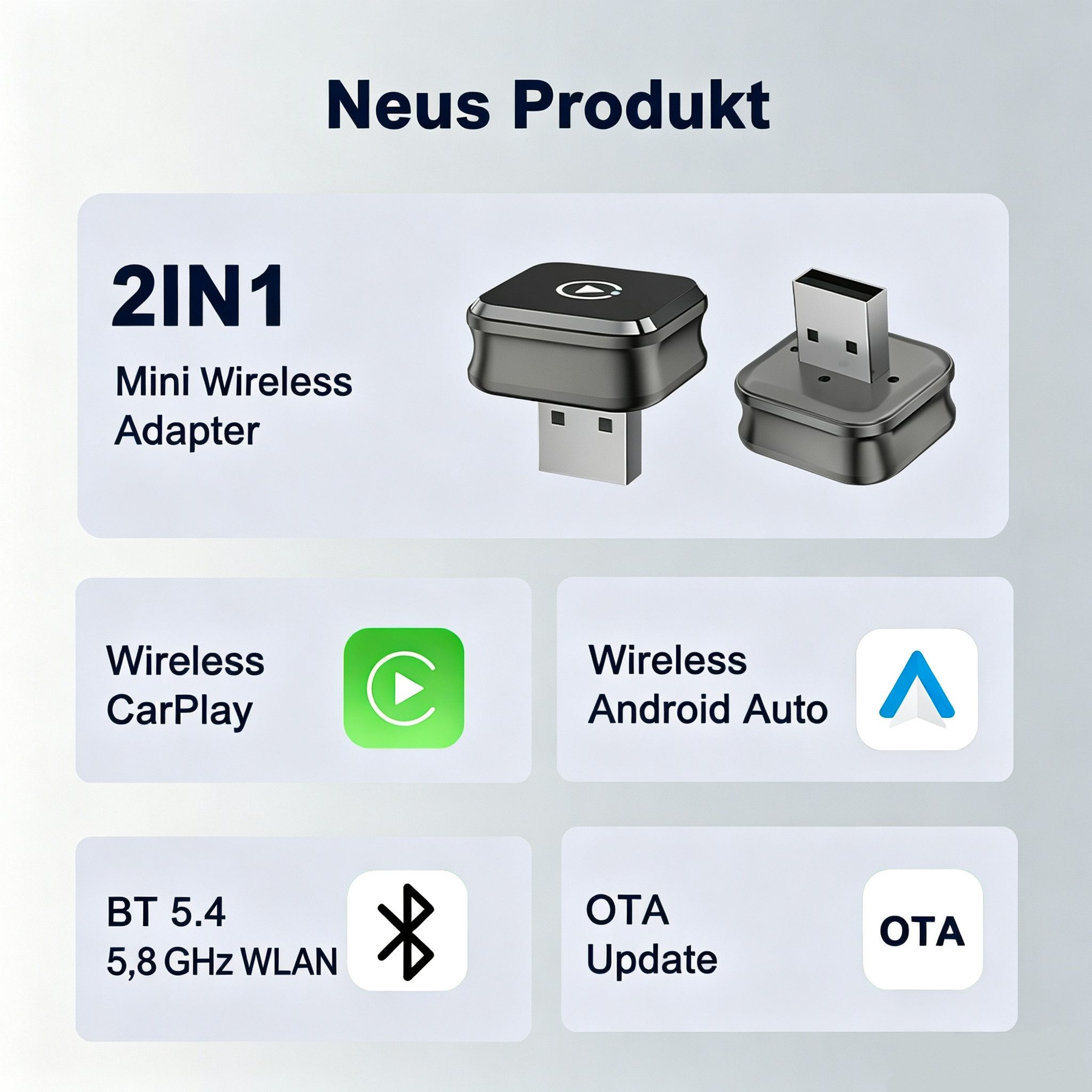 neue dawn Kabelloses Wireless CarPlay Auto Adapter USB C für iPhone Android Audio-Adapter, CarPlay Auto Adapter, Bluetooth 5.4, 5,8GHz Wi-Fi, mit USB-C-Adapter