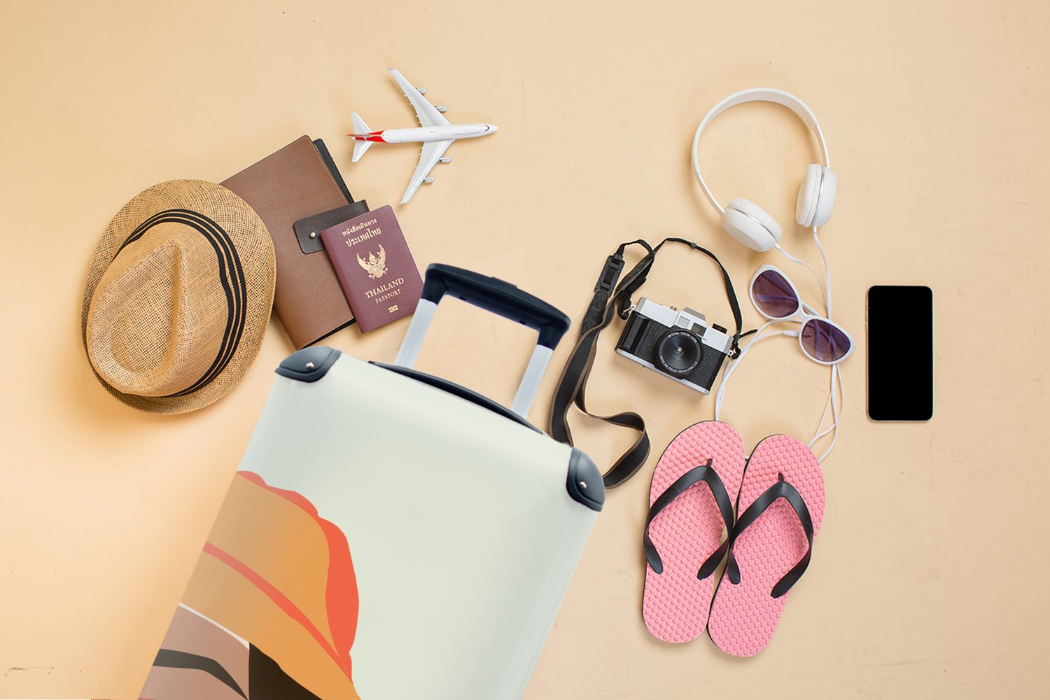 Reisekoffer Rollen, Reisetasche - mit Sonnenbrille Hut, Handgepäck Frauen rollen, Ferien, Handgepäckkoffer für - Trolley, 4 MuchoWow