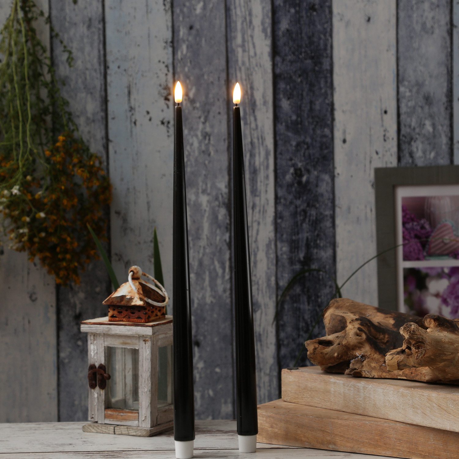 Deluxe Homeart LED-Kerze LED Stabkerzen ELLA Deluxe Tafelkerze flackernd H: 38cm schwarz 2St., LED Classic, warmweiß (2100K bis 3000K)