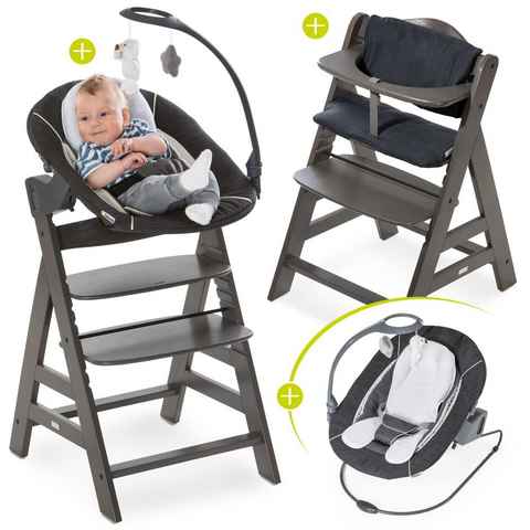 Hauck Hochstuhl Alpha Plus Charcoal - Newborn Set Deluxe (Set, 4 St), Holz Babystuhl ab Geburt inkl. Aufsatz für Neugeborene & Sitzauflage