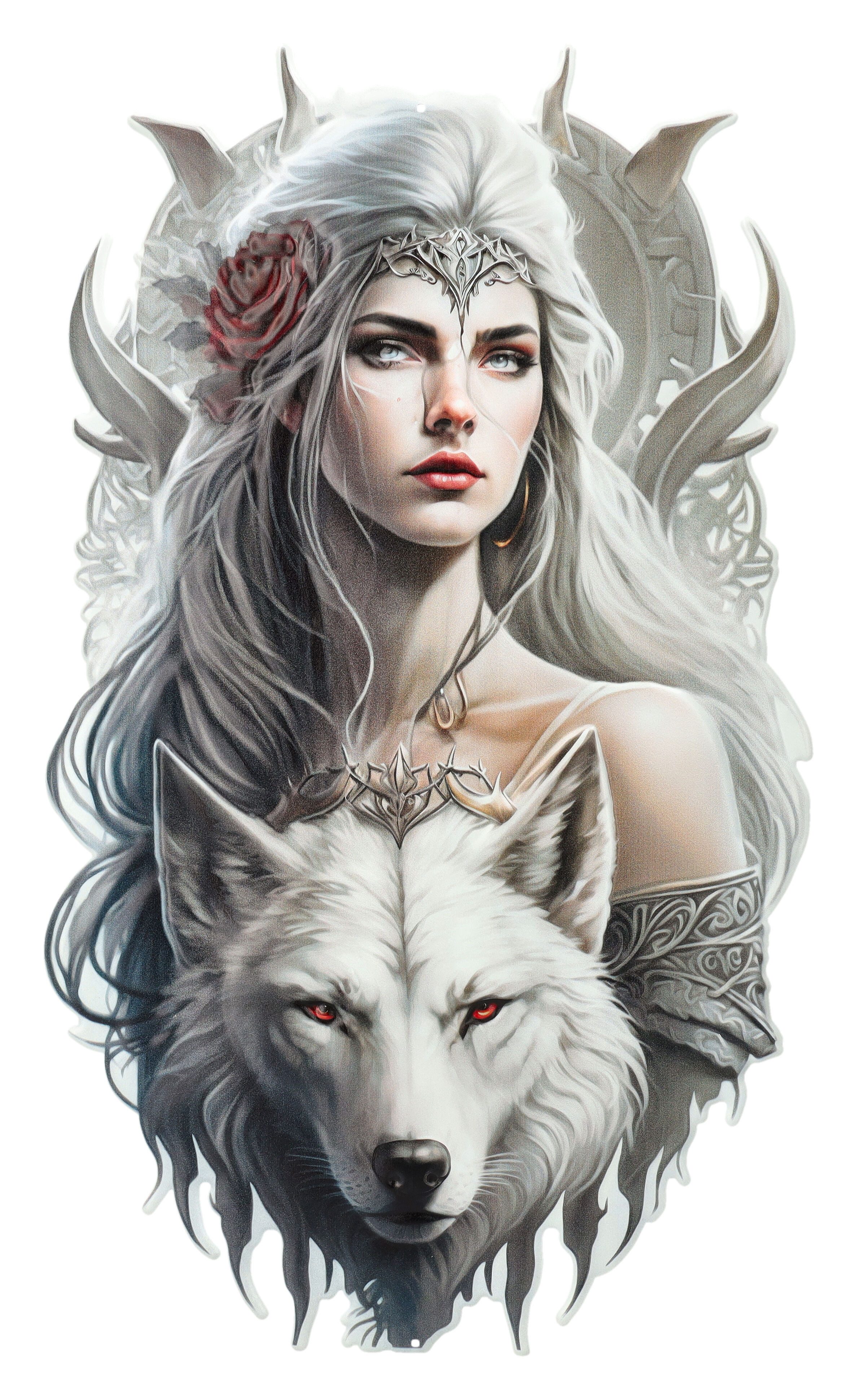 Wanddekoobjekt Blechschild - Magische Kriegerin mit Wolf Fantasy Dekoschild Wandbild