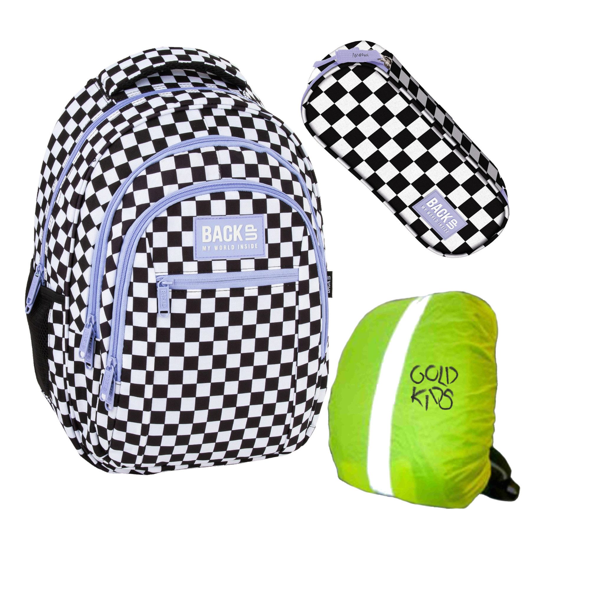 GOLDKIDS Schulranzen für Jungen und Mädchen, 3er-Set - (Schul-Rucksack für, Kinder mit Schlampermäppchen), Regenschutz - Schachbrettmuster