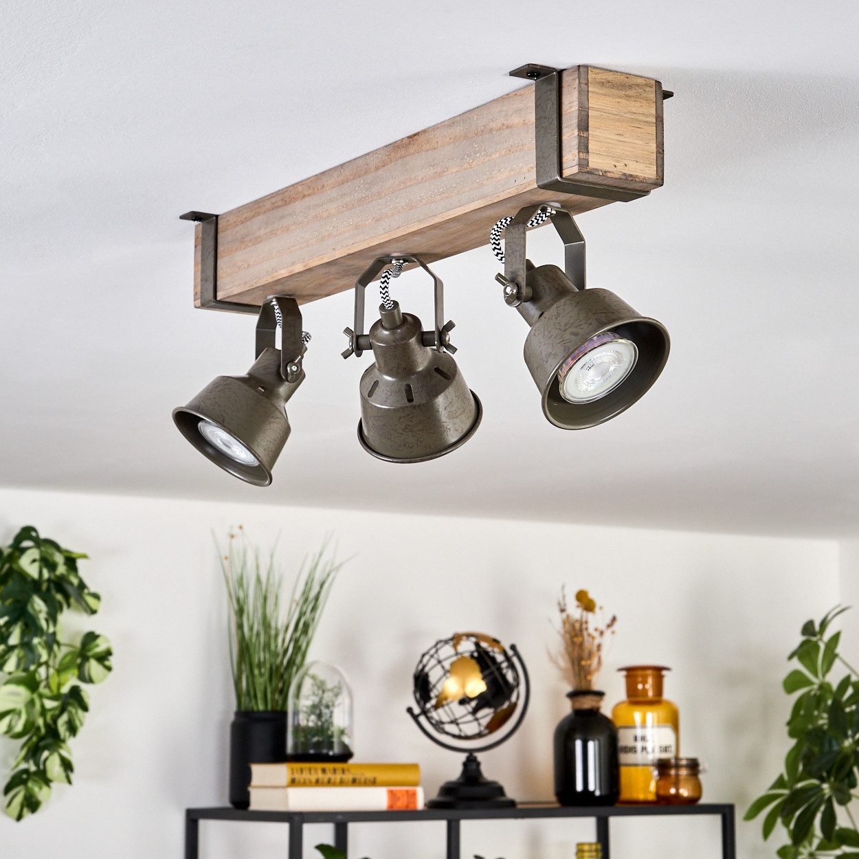 hofstein Deckenleuchte moderne Deckenlampe aus Metall/Holz in Grün-Grau/Natur, ohne Leuchtmittel, Deckenleuchte mit verstellbaren Schirmen, 3 x GU10 ohne Leuchtmittel