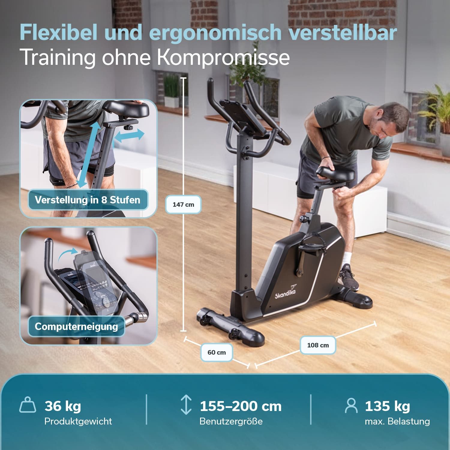 Skandika Ergometer für Zuhause, Cykling P10, mit 32 Widerstandstufen, Magnetbremse (13 Programme - Bluetooth - App-Verbindung, Kinomap, Handpulssensoren), bis 135 kg und 200 cm, LCD-Display, Transportrollen, Tablet-Halterung