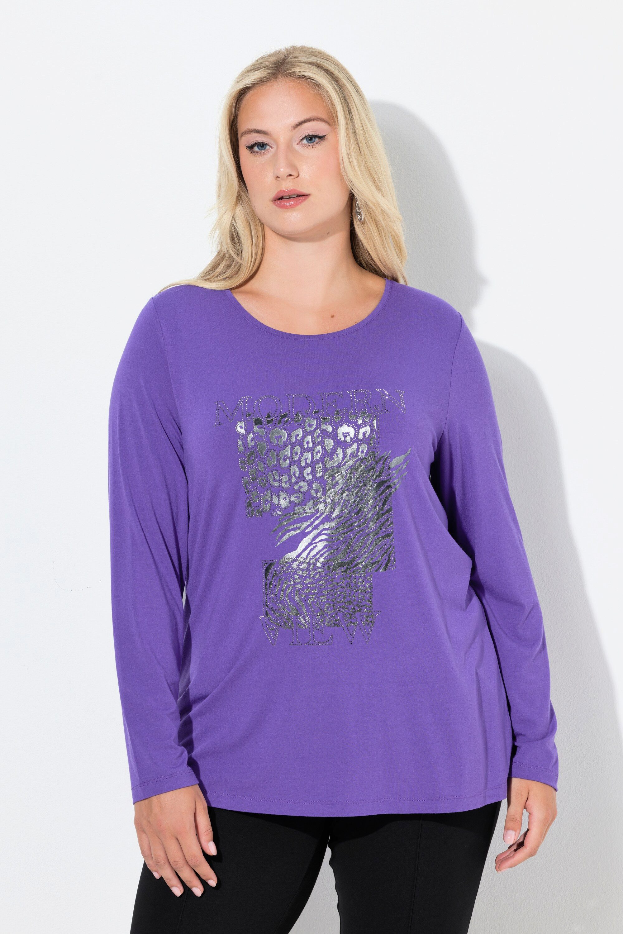 Ulla Popken Longsleeve Shirt Ziersteine Classic Rundhals Langarm günstig online kaufen