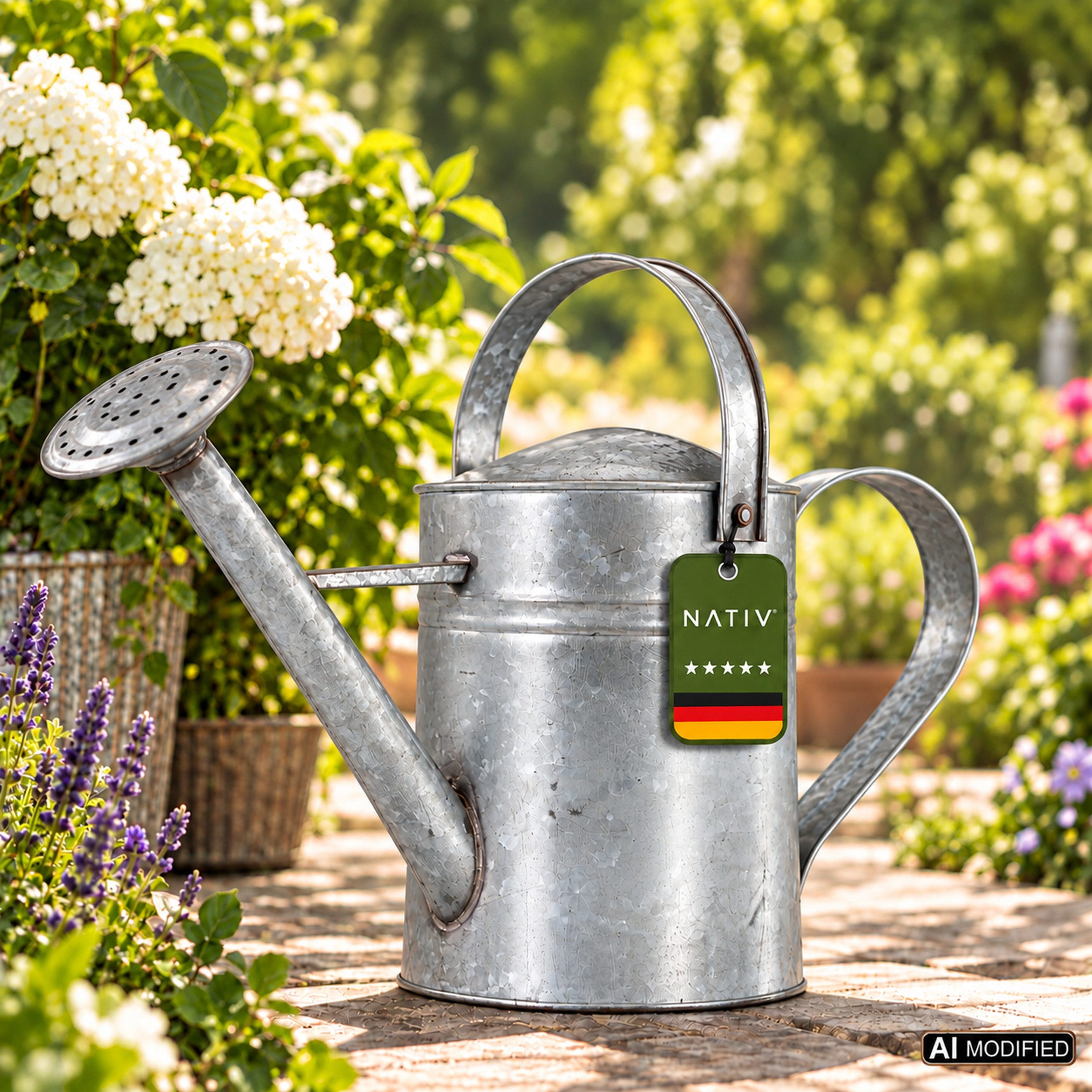 NATIV Gießkanne Metall 3,8 L, galvanisiert mit abnehmbarem Gießaufsatz, aus Metall, mit Hammerschlag-Effekt