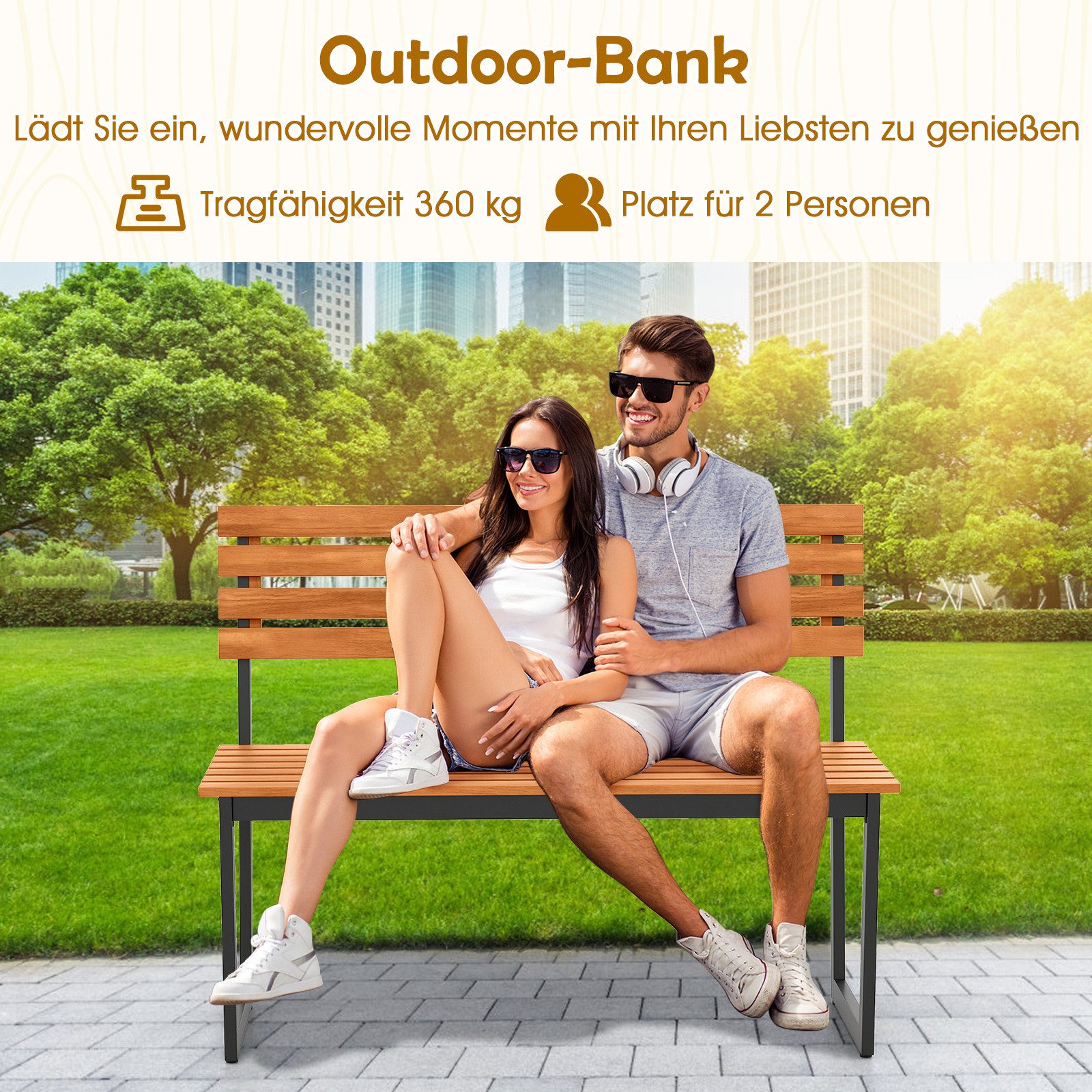 COSTWAY Gartenbank, Akazienholz, 2-Sitzer Sitzbank mit Lehnen, Metallrahmen 360kg
