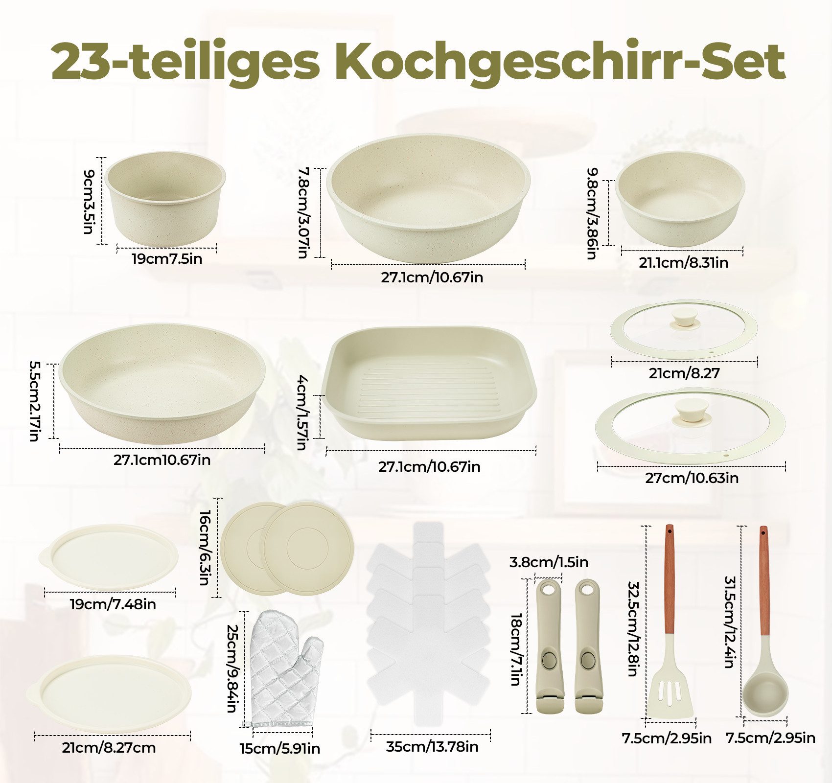 lindahandel Pfannen-Set 23-teiliges Kochset in beige,Antihaft-Pfannen mit abnehmbaren Griffen, Aluminium, Inkl.Töpf&Küchenzubehör,Gleichmäßige Wärmeverteilung einfacheReinigung