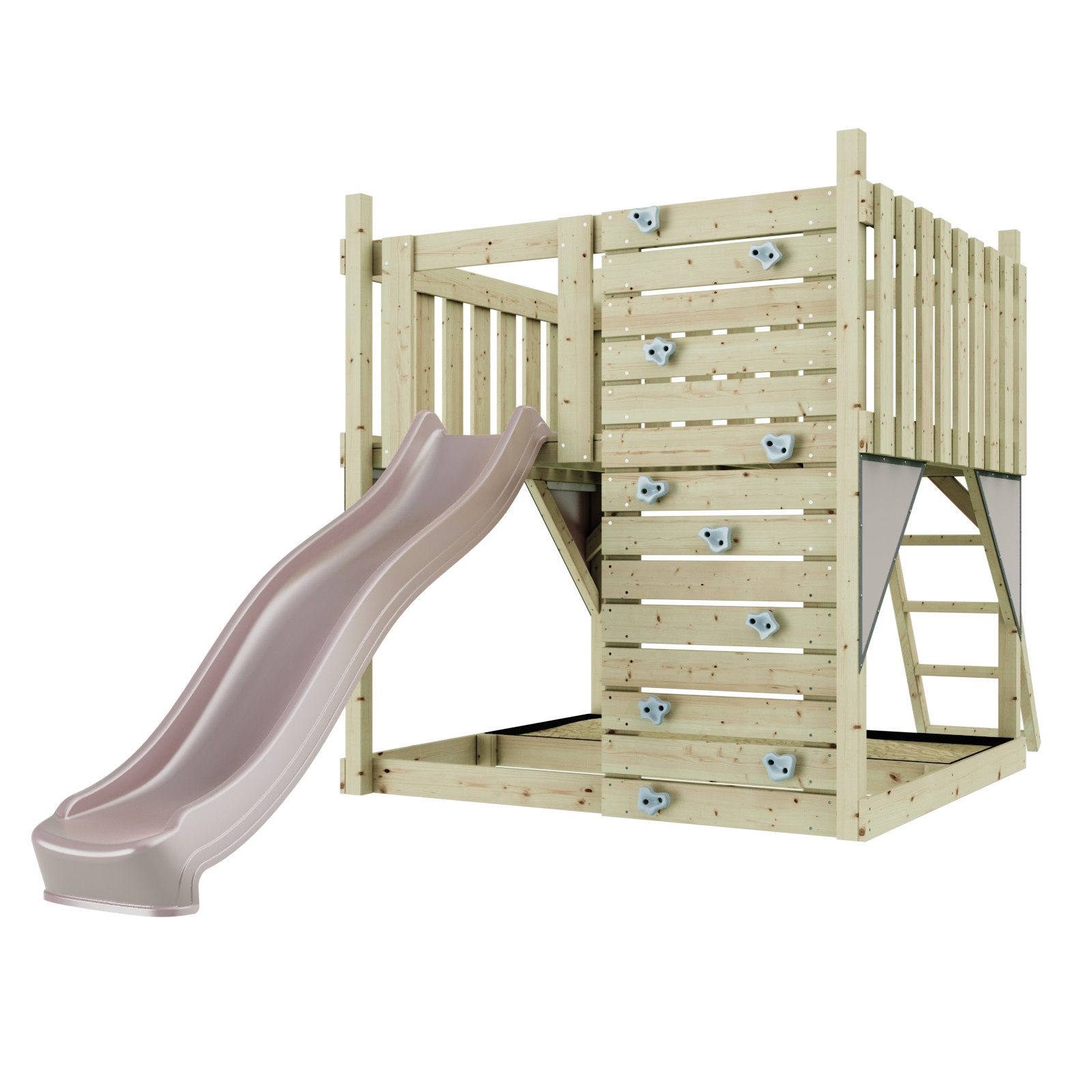 OutdoorToys Spielturm Plattform Sternenhimmel aus Holz in Rosa mit Rutsche, Kletterwand, aus Holz in Rosa mit Rutsche, Kletterwand