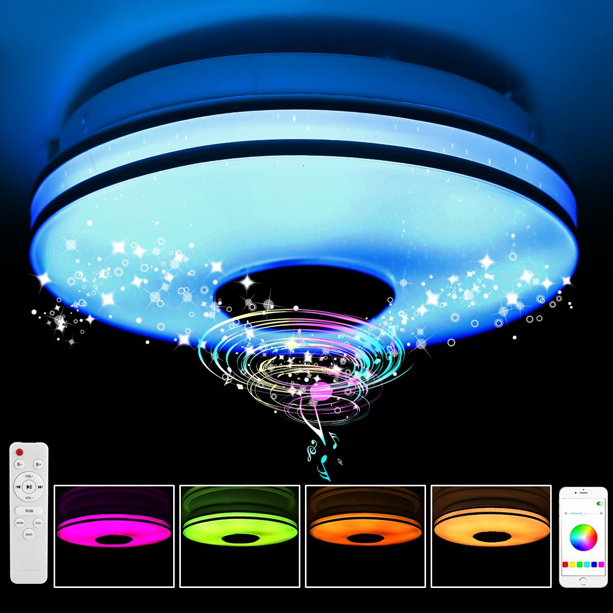 LETGOSPT Deckenleuchte Deckenlampe mit Musik Bluetooth Fernbedienung Schlafzimmer fest - Lautsprecher, x mit Dimmbar APP, LED integriert, 33cm RGB oder Bar 5cm 36W Wohnzimmer Farbwechsel, Lampe, für