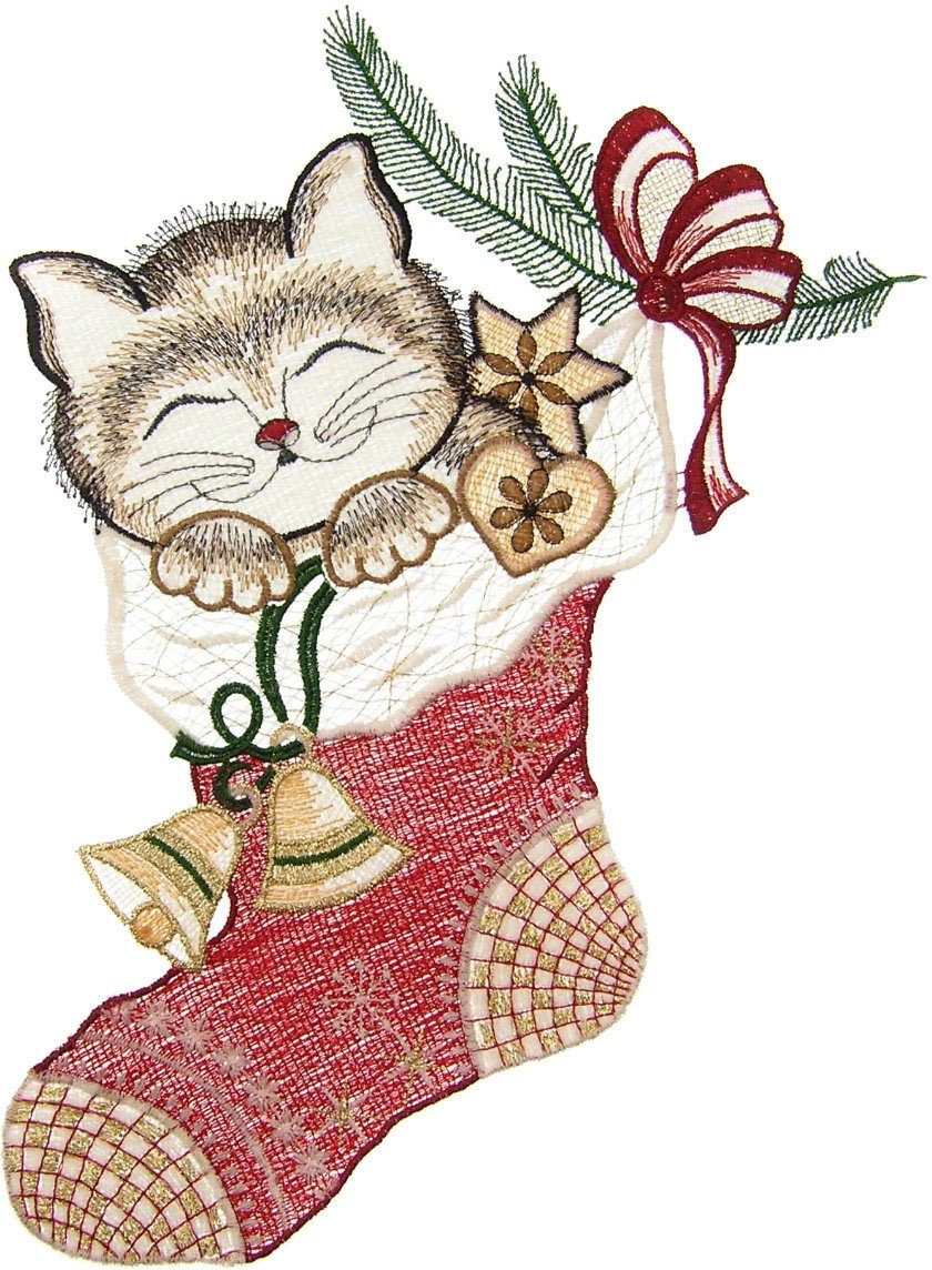 W. Reuter & Sohn - Plauener Spitze® Fensterbild Katze im Strumpf, Made in Germany