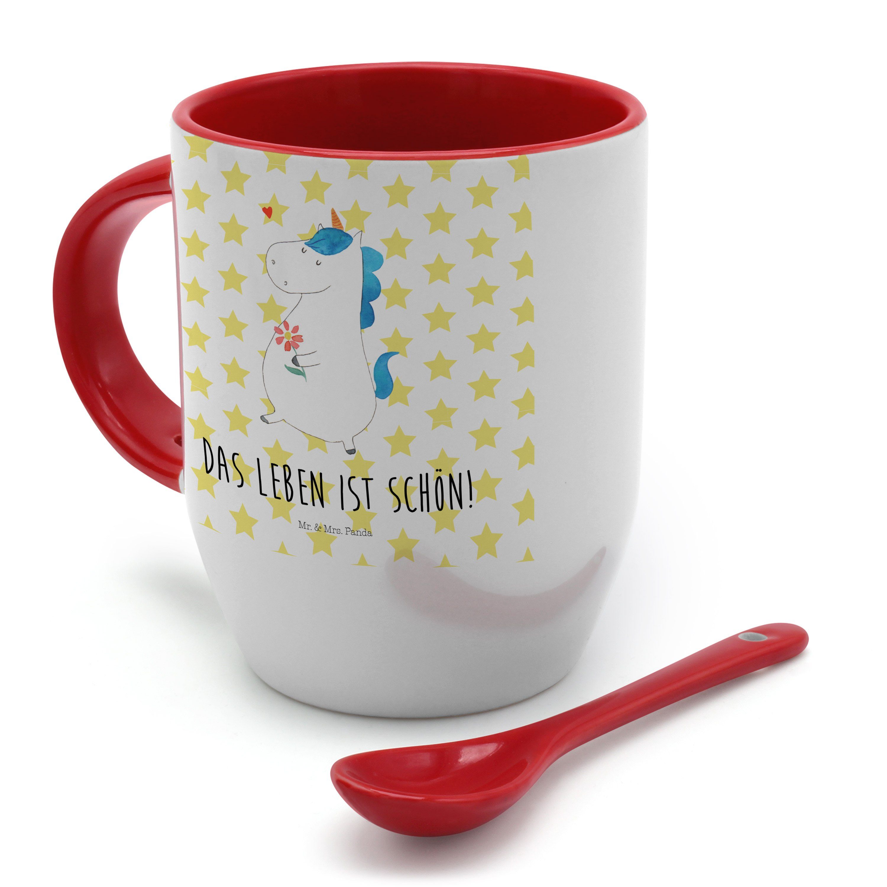 Mr. & Spaziergang - Tasse, - Weiß Tasse Löffel, Einhö, Geschenk, Keramik mit Tasse Panda Mrs. Einhorn