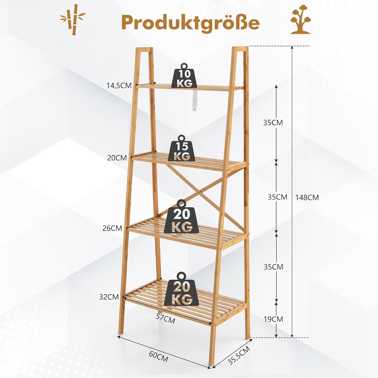KOMFOTTEU Leiterregal Standregal, mit 4 Ebenen, 60 x 35,5 x 148 cm
