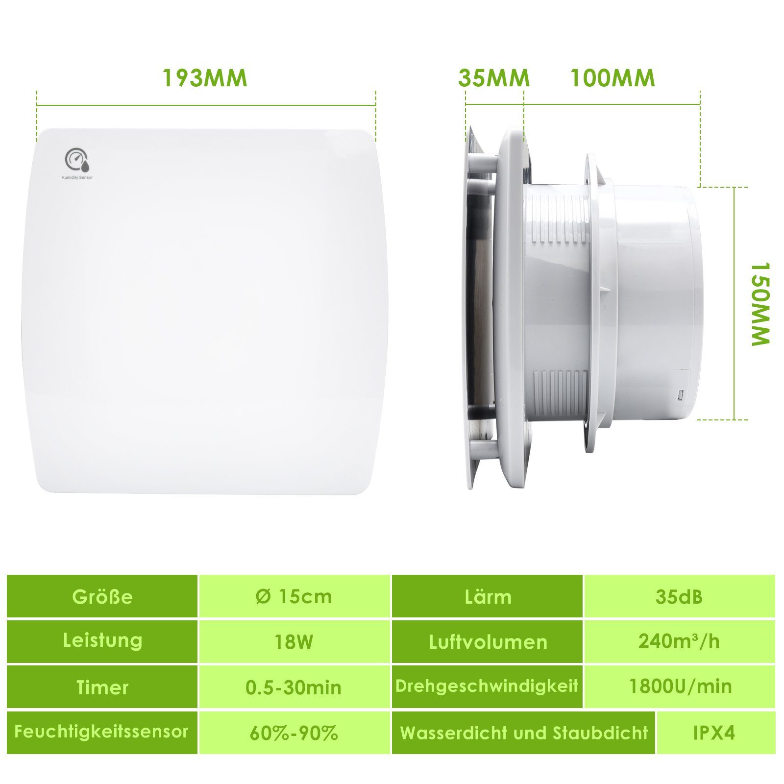 Nachlauf mit Timer Wandventilator und 10/15cm und Badlüfter Lospitch Feuchtsensor