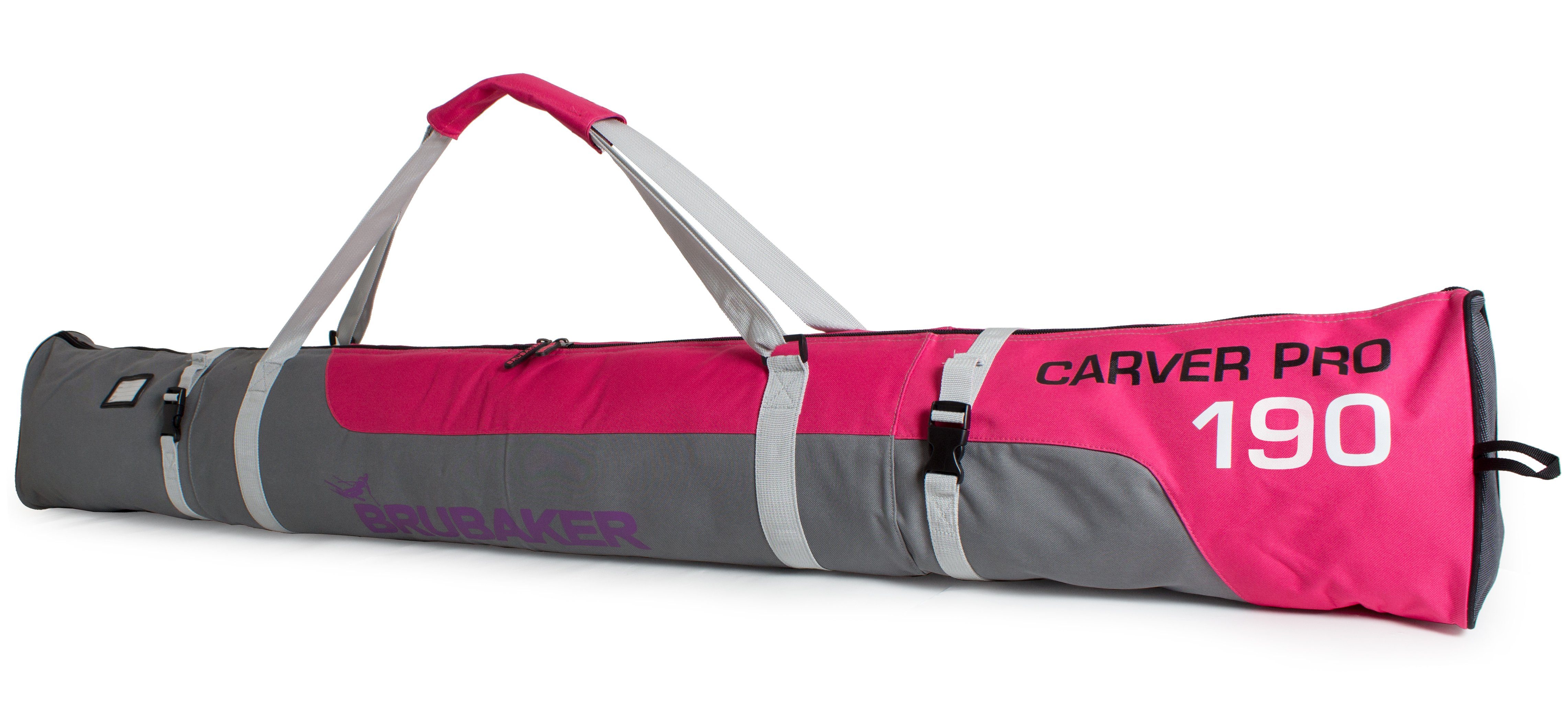 BRUBAKER Skitasche Carver Pro Ski Tasche - Pink und Grau (Skibag für Skier und Skistöcke, 1-tlg., reißfest und schnittfest), gepolsterter Skisack mit Zipperverschluss