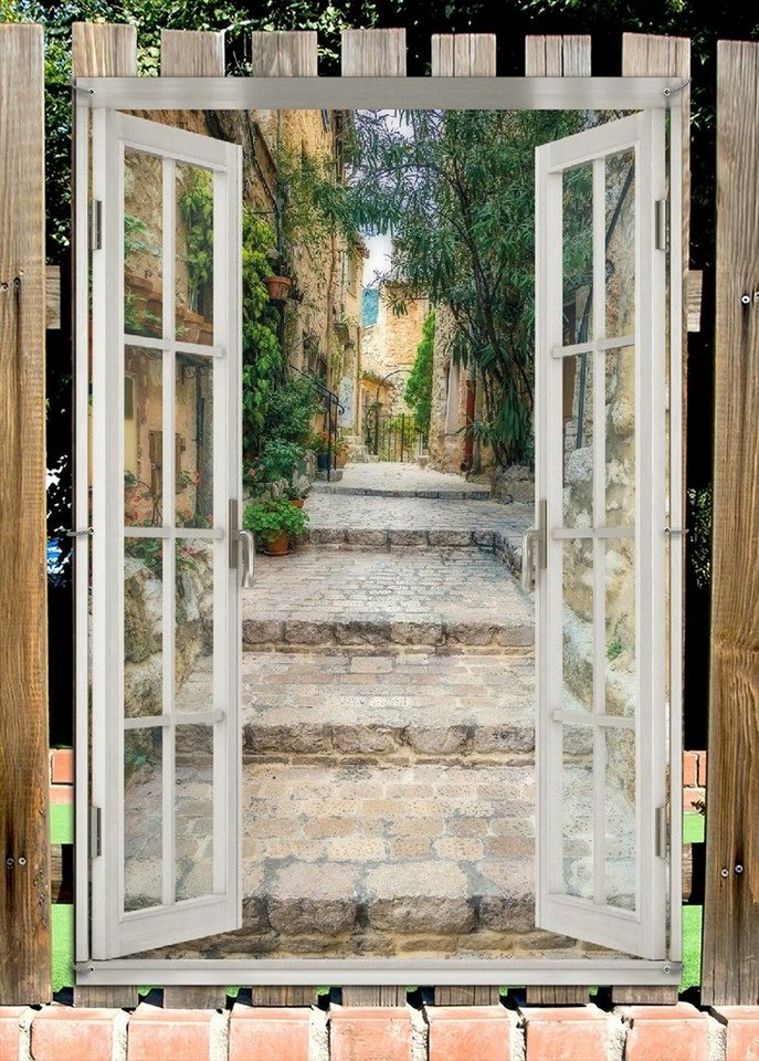 Thumbnail - Wallario Sichtschutzzaunmatten Alte steinerne Gasse in Südfrankreich, mit Fenster-Illusion