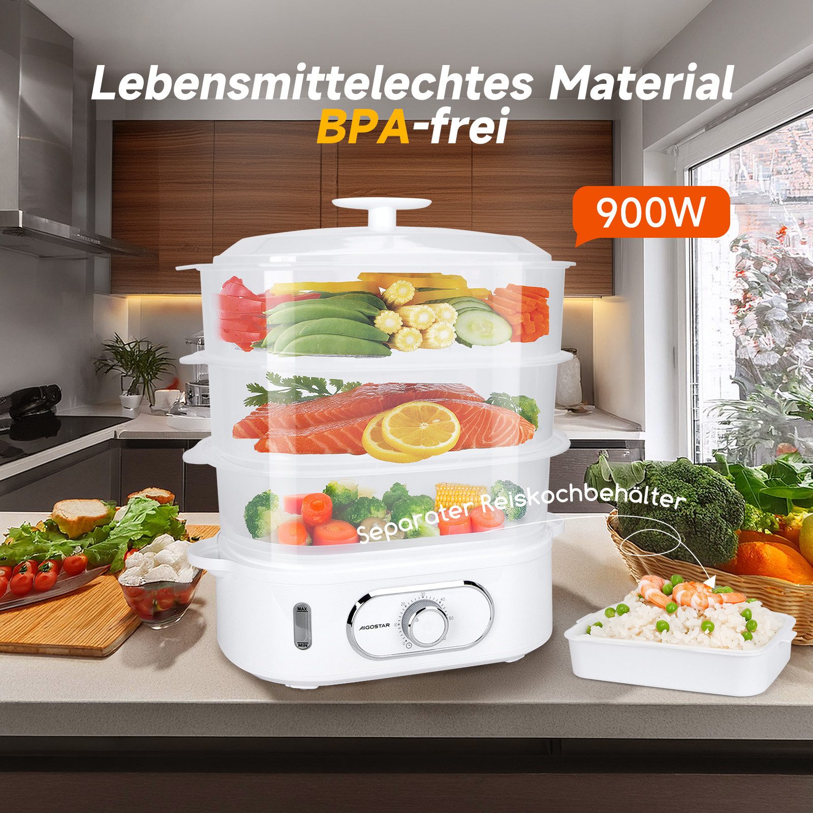 Aigostar Dampfgarer Fitfoodie mit Timer 9L/12L, 800W/900W, 3-Etagen Stapelkörbe, BPA frei, 800,00 W, Überhitzungsschutz, Intelligenz, Leicht zu reinigen
