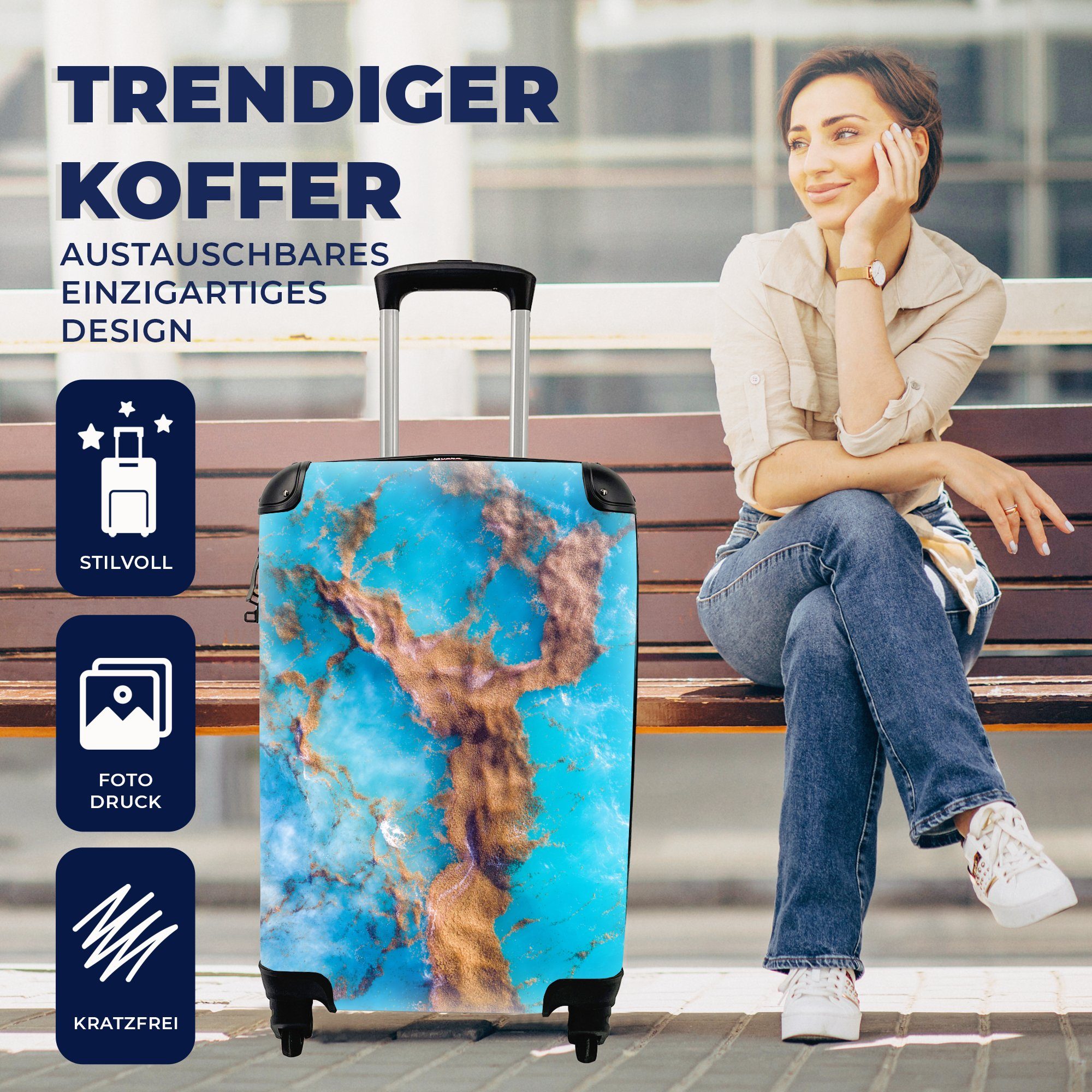 MuchoWow Handgepäckkoffer Seegras - mit Reisetasche Ferien, Rollen, Trolley, Blau, 4 Reisekoffer rollen, Wasser für Handgepäck 
