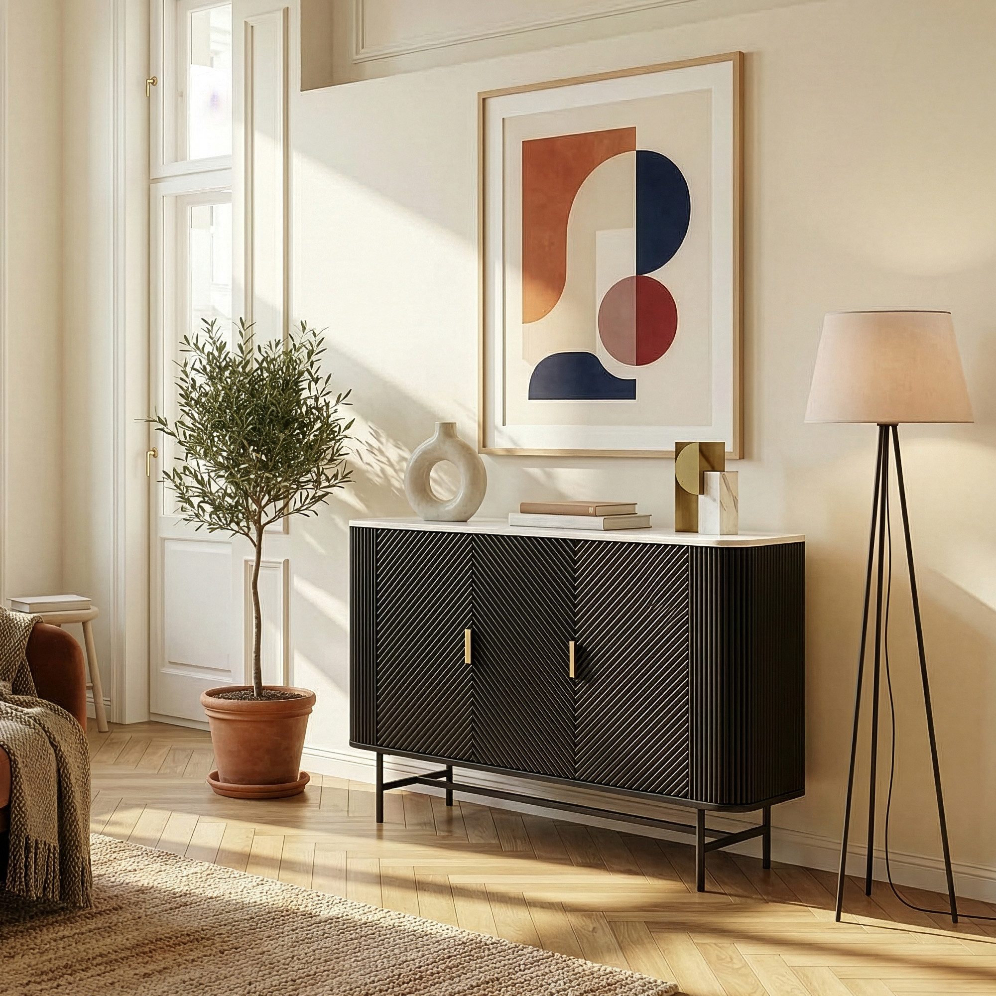 en.casa Sideboard, »Olvehok« 110x40x77 cm 3 Türen 4 Fächer Schwarz/Marmoroptik, weiß