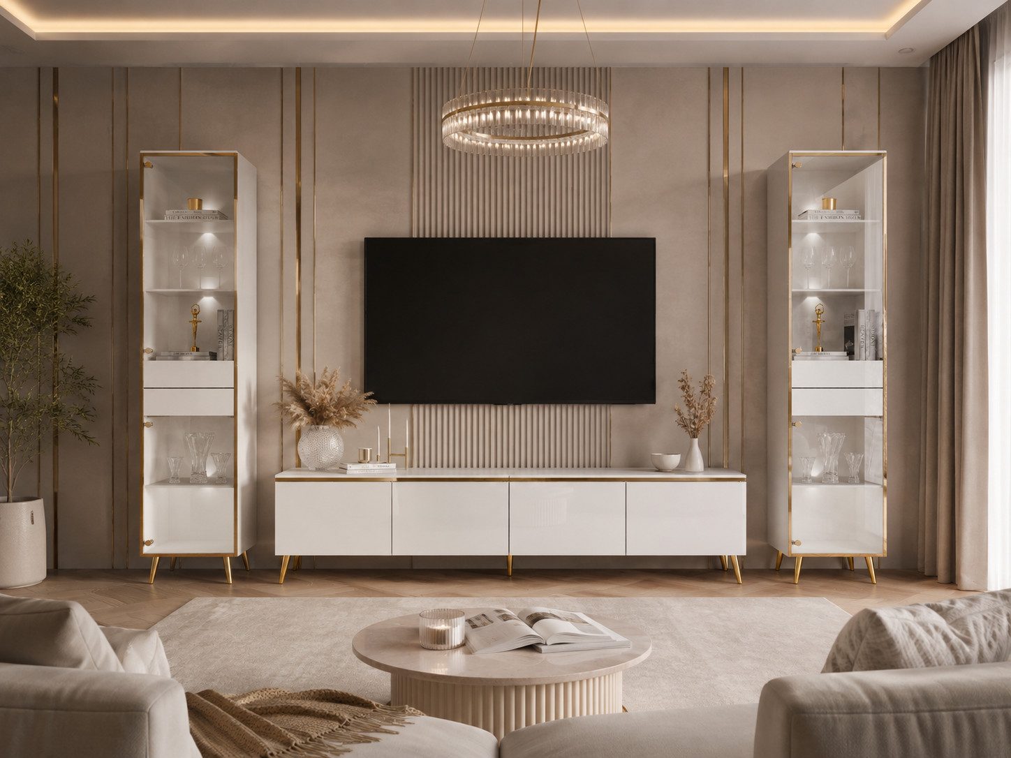 ALLHOUSE24 Wohnzimmer-Set NELLY - TV-Schrank 200 cm & 2 Glasvitrinen, Weiß Glanz, Gold, LED, (3-St., Das Set besteht aus: 2 Vitrinen und 1 TV-Schrank), Breite: Vitrinen: 45 cm, TV-Schrank: 200 cm