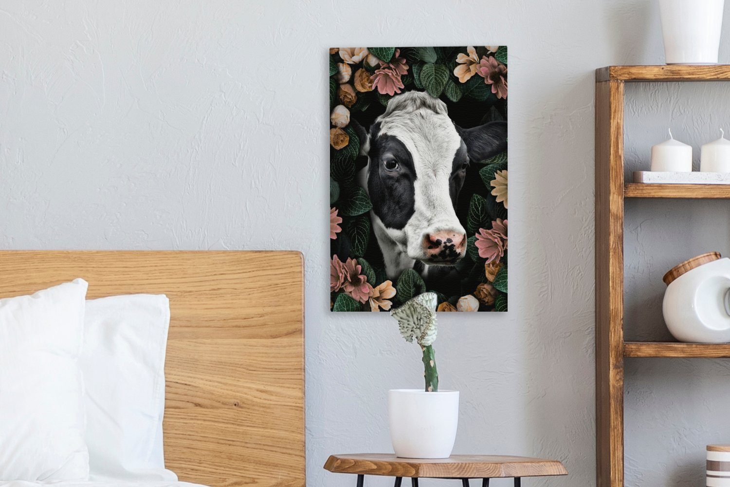 Zackenaufhänger, fertig - Gemälde, Leinwandbild Kuh inkl. Leinwandbild - 20x30 Blumen bespannt (1 cm Blätter, OneMillionCanvasses® St),