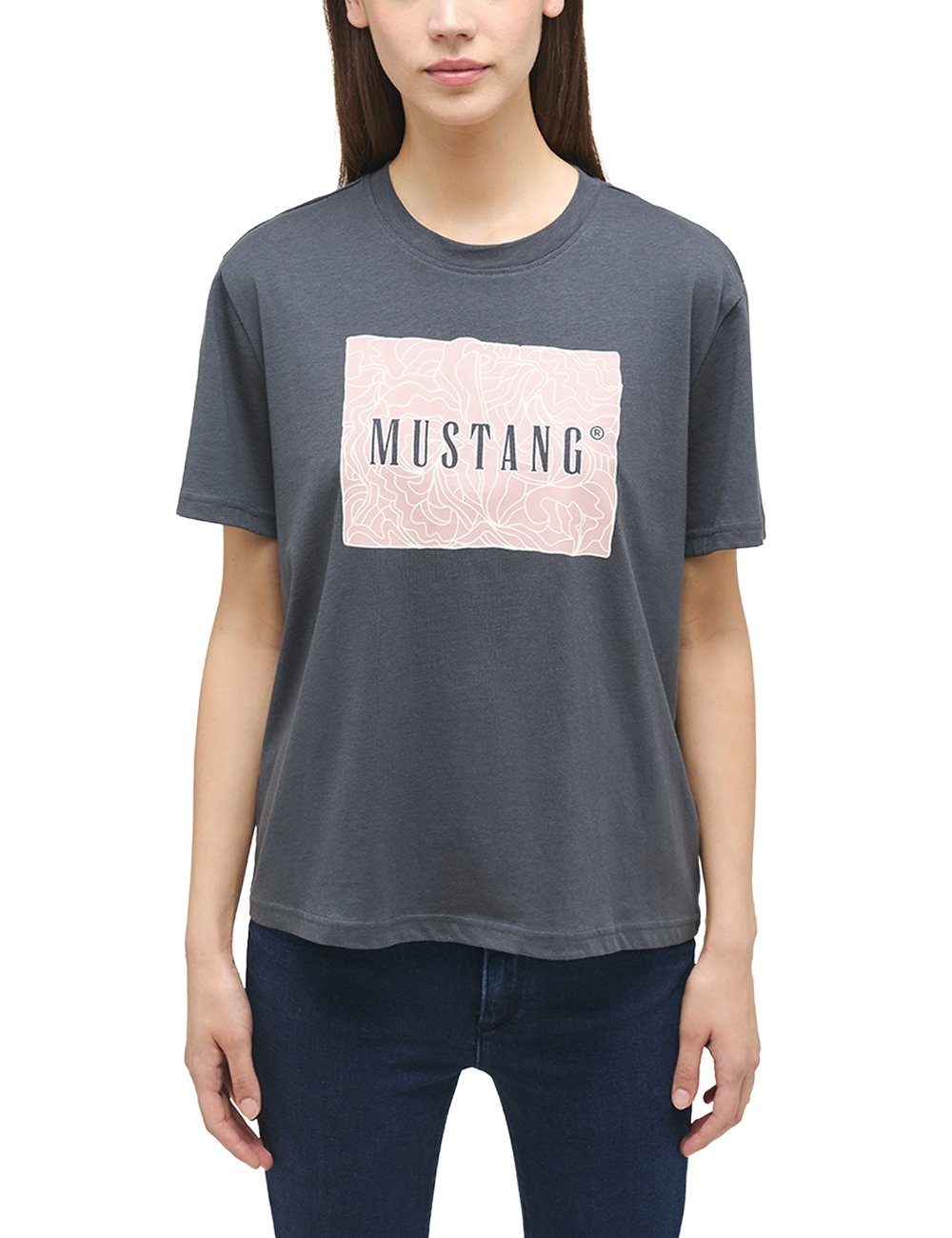 Print-Shirt Kurzarmshirt MUSTANG dunkelgrau T-Shirt Mustang