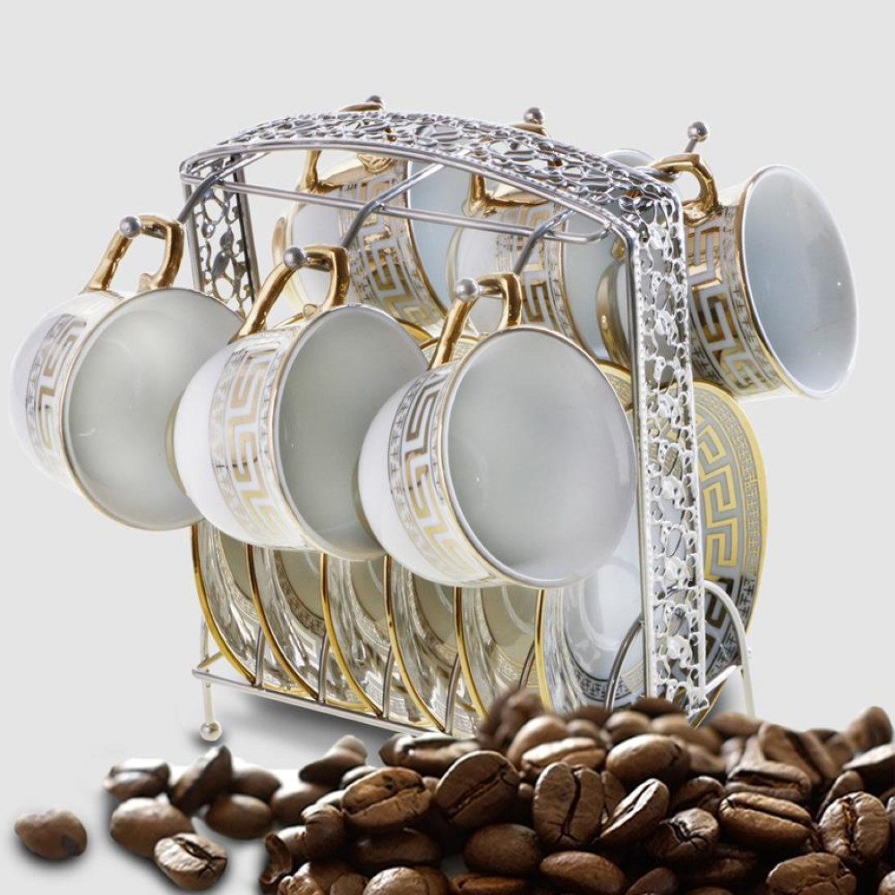 Cinar Кофейный сервиз Porzellan Espressotassen Set Mokka Tassen für 6 Personen Metallständer, 6 Personen, 12 teiliges Espressotassenset für 6 Personen
