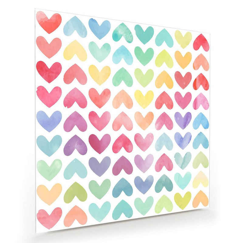 Primedeco Glasbild Wandbild Quadratisch Herzen farbig mit Aufhängung, Muster