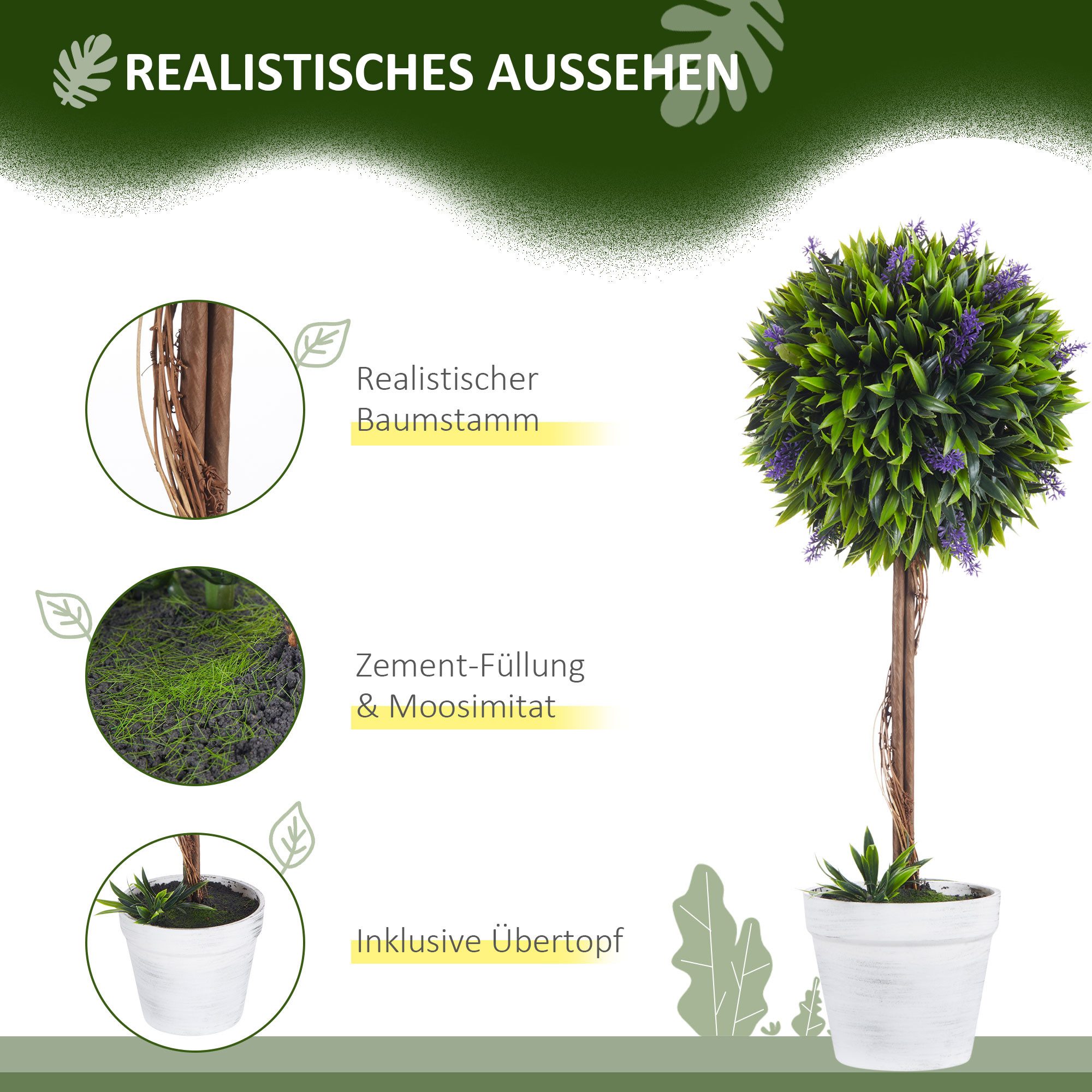Kunstpflanze Künstliche Lavendel 2er-Set groß mit UV Schutz im Topf, wie echt Lavendelbäume, HOMCOM, Höhe 60 cm, für Wohnzimmer Schlafzimmer Büro Garten moderne – Bild 4 von 5