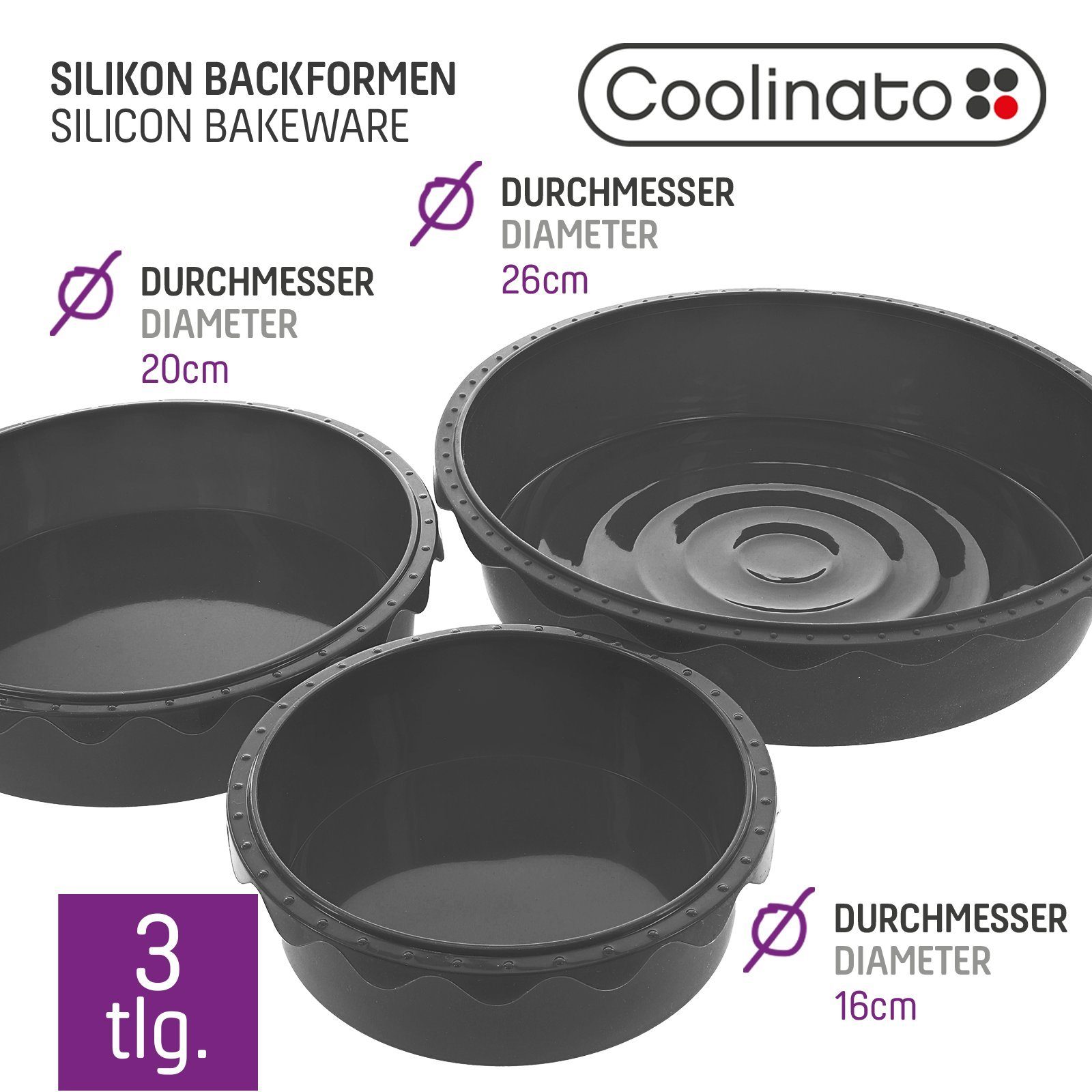 Coolinato Backform Coolinato Silikon runde GRAU, 3tlg. inkl. Set Kuchenbackform Rezepte